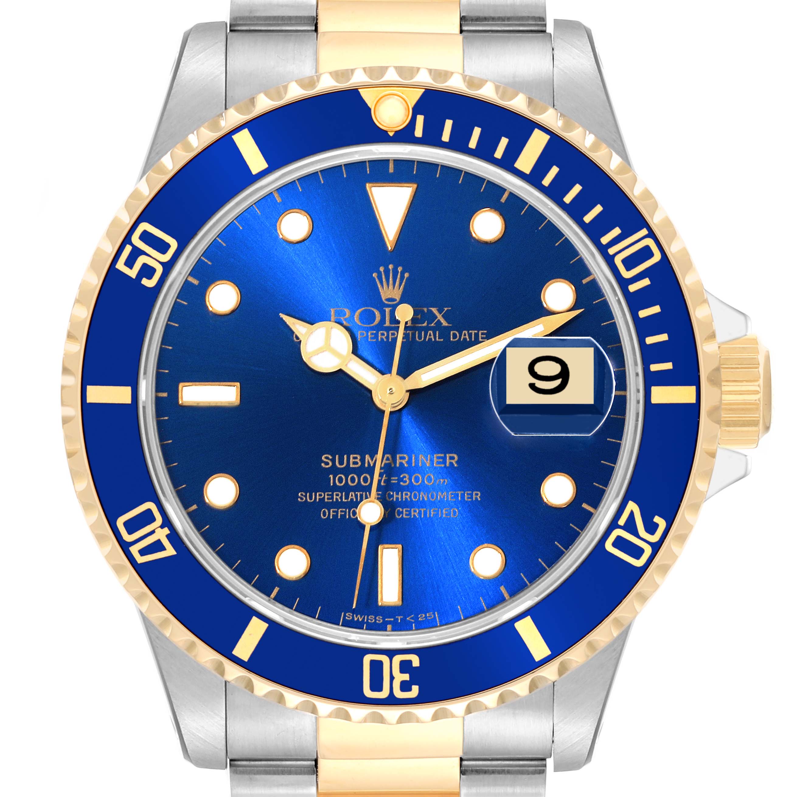 The image shows a front view of a Rolex Submariner 16613 Men
s Steel and Gold (two tone) Blue Dial 16613 Men
s Steel and Gold (two tone) Blue Dial watch, highlighting its blue dial, gold and silver bezel, and date window.