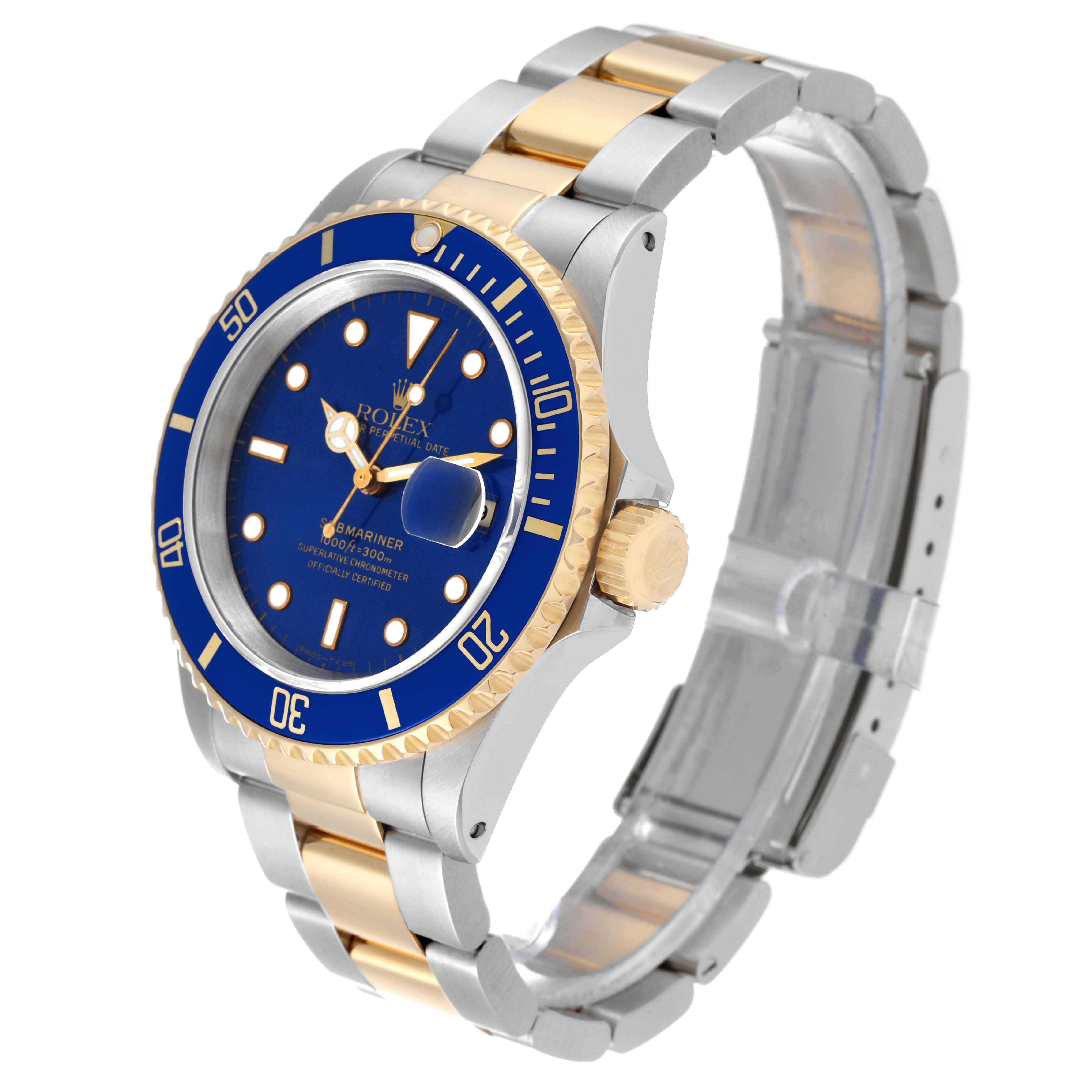 The Rolex Submariner 16613 Men
s Steel and Gold (two tone) Blue Dial 16613 Men
s Steel and Gold (two tone) Blue Dial watch is shown at a 3/4 angle, displaying the blue dial, bezel, gold crown, and two-tone bracelet.