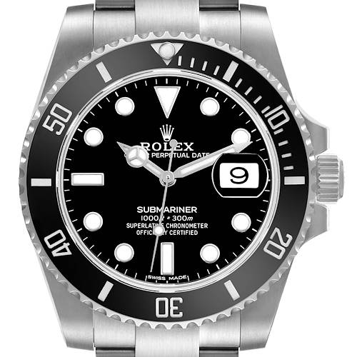 The Rolex Submariner is shown from a front view, displaying the dial, bezel, and part of the stainless steel bracelet.