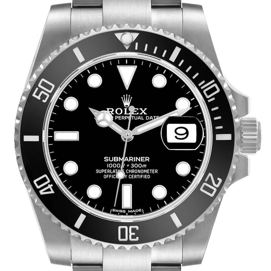 The Rolex Submariner watch is shown from the front, displaying the dial, bezel, crown, and part of the bracelet.