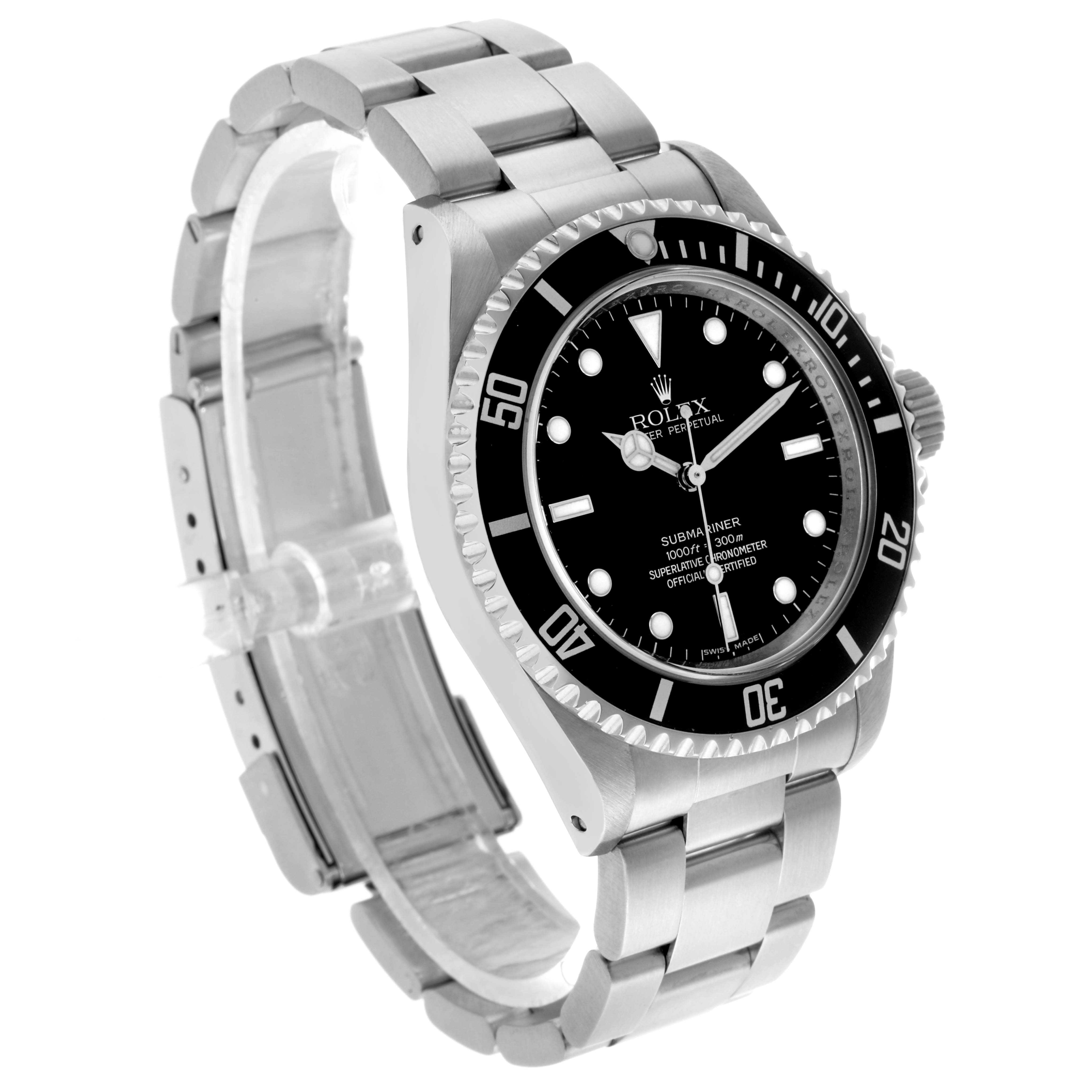 The Rolex Submariner 14060M Men's Stainless Steel Black Dial watch is shown at a three-quarter angle, displaying the dial, bezel, crown, and bracelet.