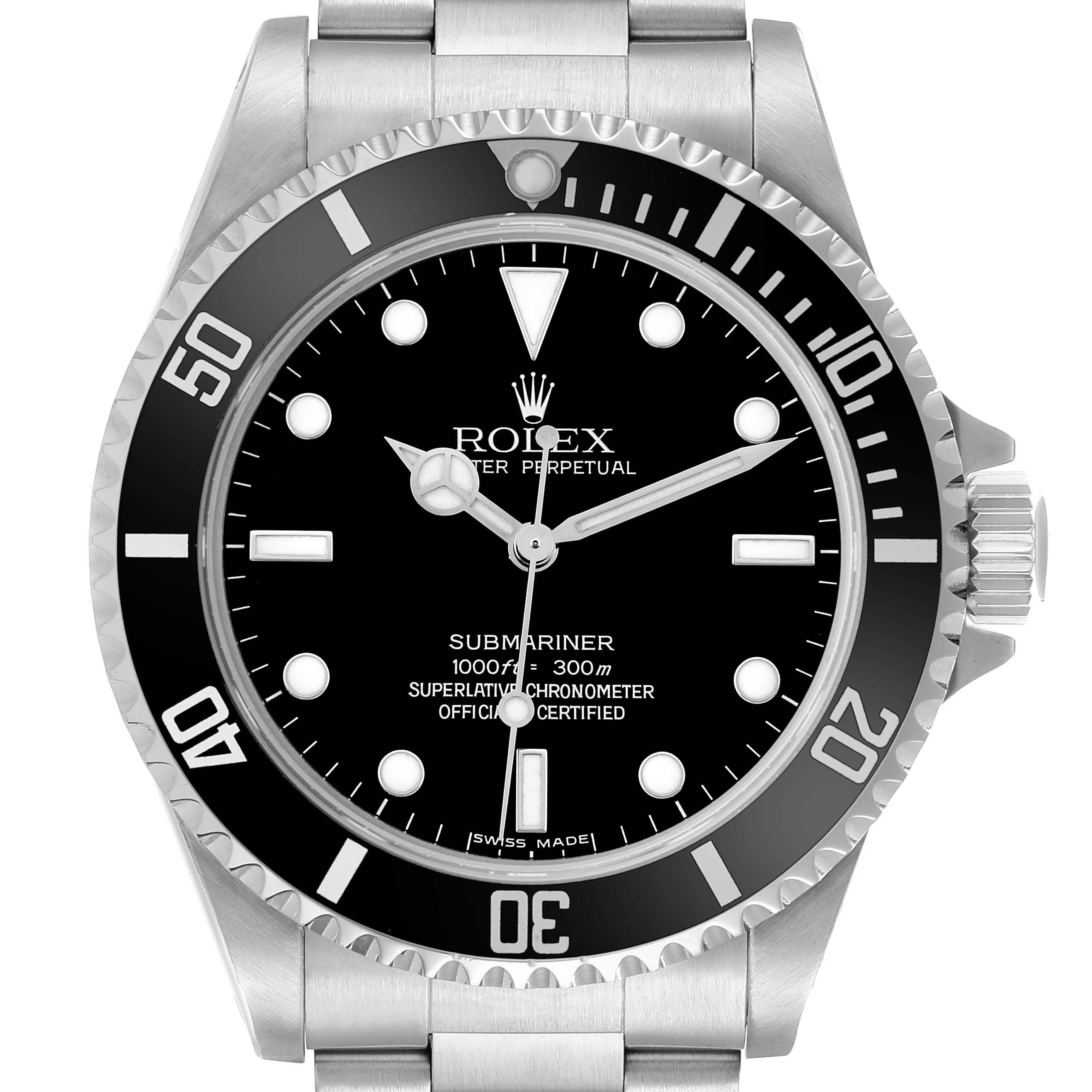 The Rolex Submariner 14060M Men's Stainless Steel Black Dial watch is shown from a front angle, highlighting the bezel, dial, hands, and crown.