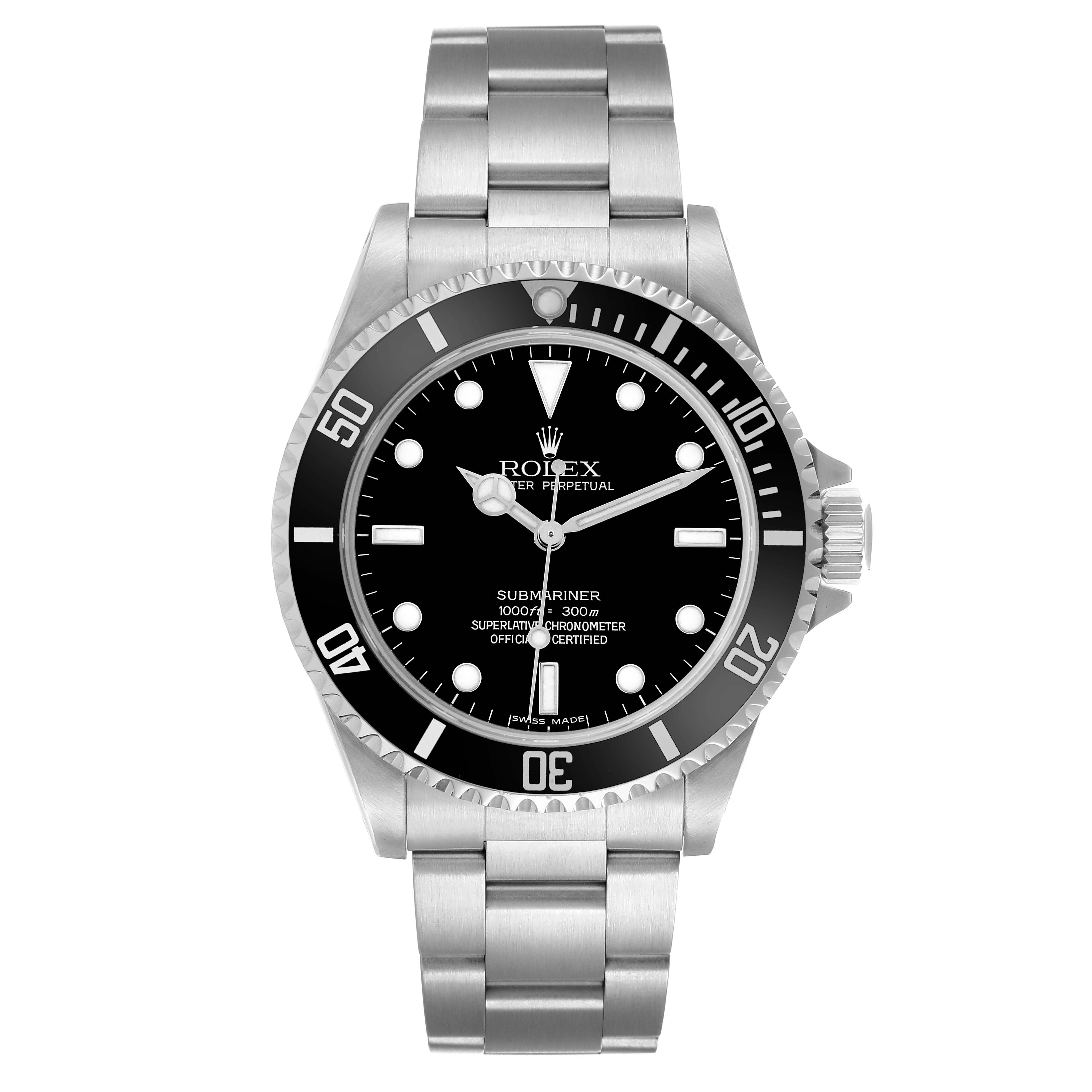 The Rolex Submariner 14060M Men's Stainless Steel Black Dial watch is shown from the front, displaying the face, bezel, and bracelet clearly.