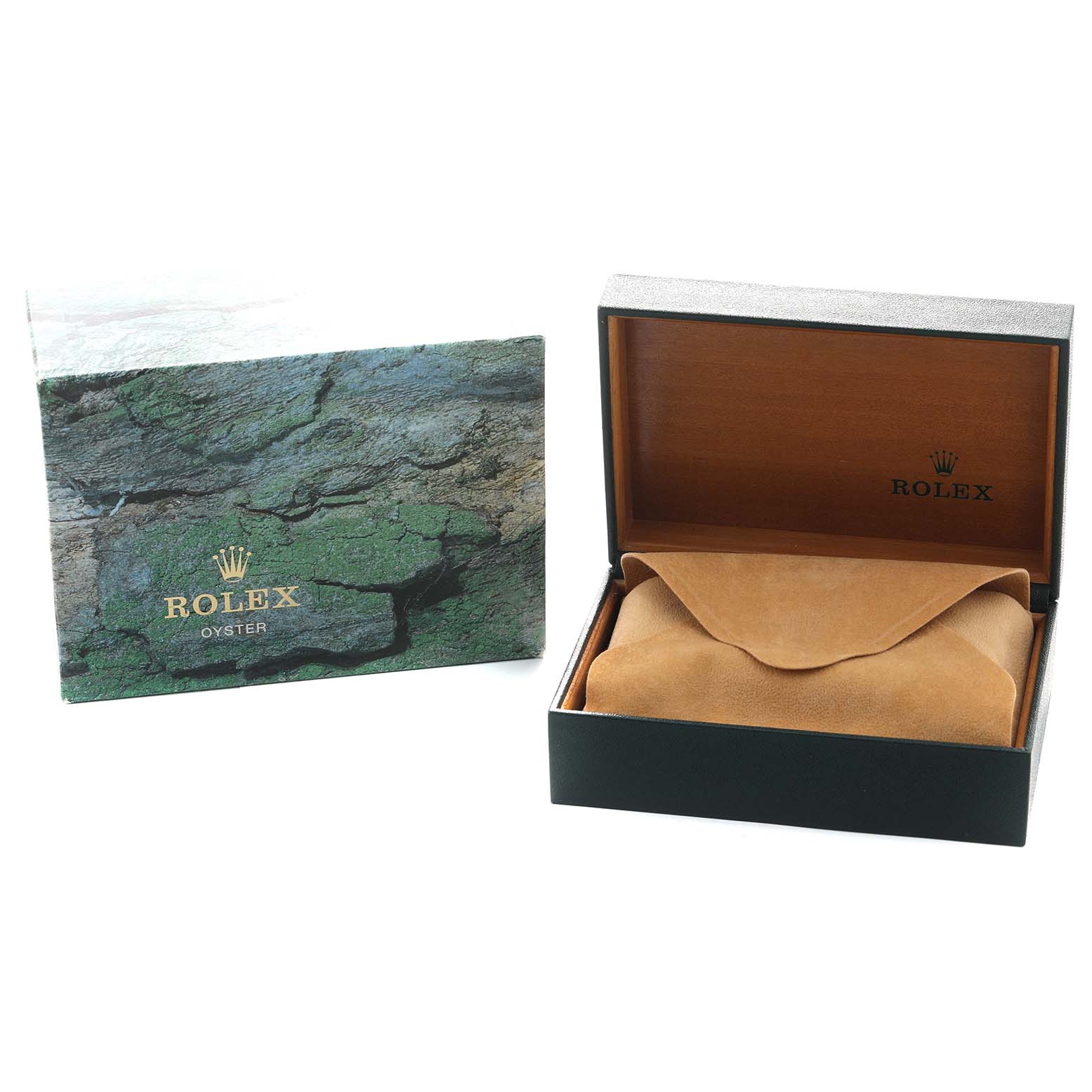 The image shows a Rolex Submariner 14060M Men's Stainless Steel Black Dial watch box and outer packaging, with the inner box open and cushioned for storing the watch.