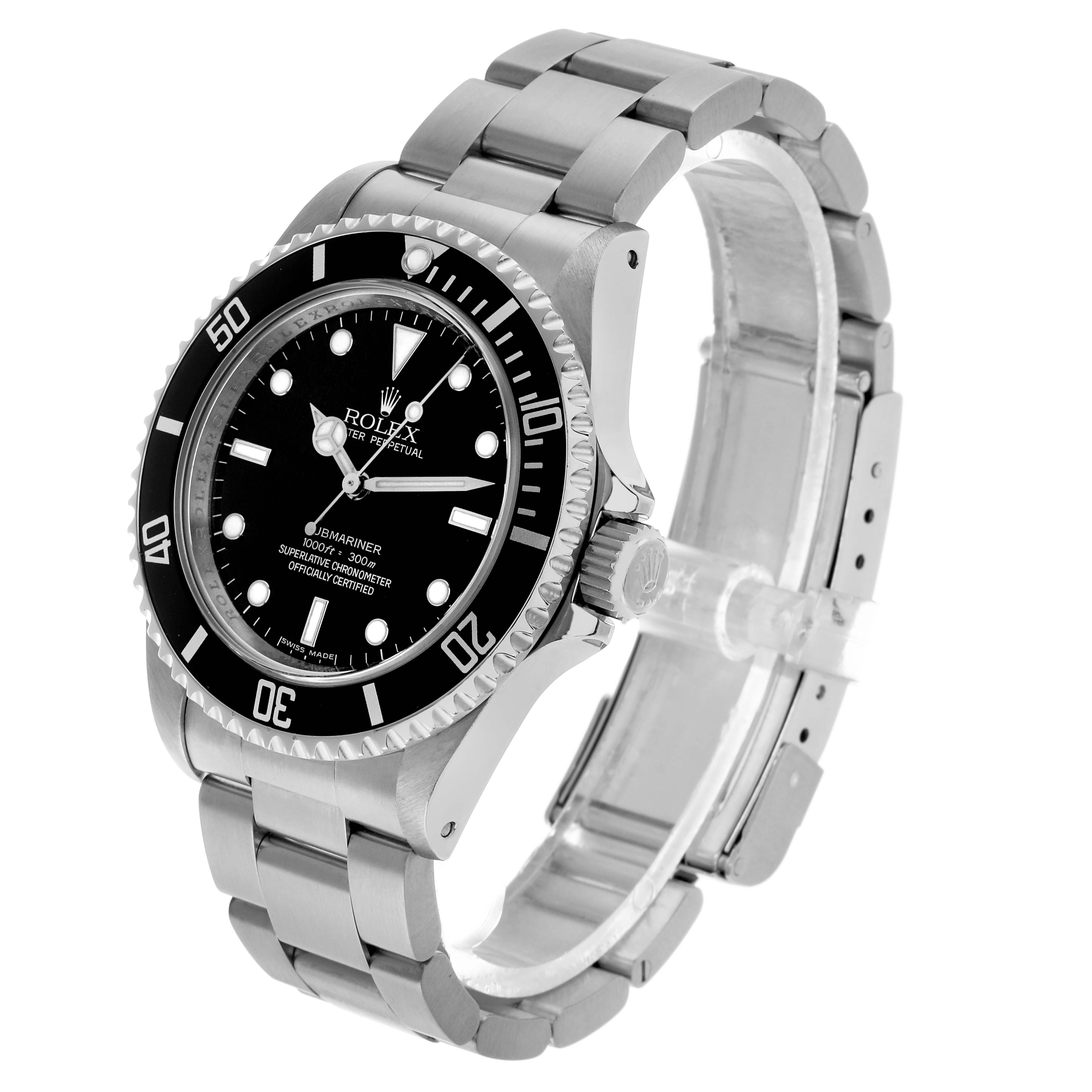 The Rolex Submariner 14060M Men's Stainless Steel Black Dial is shown at a side angle, displaying the face, bezel, bracelet, and crown.