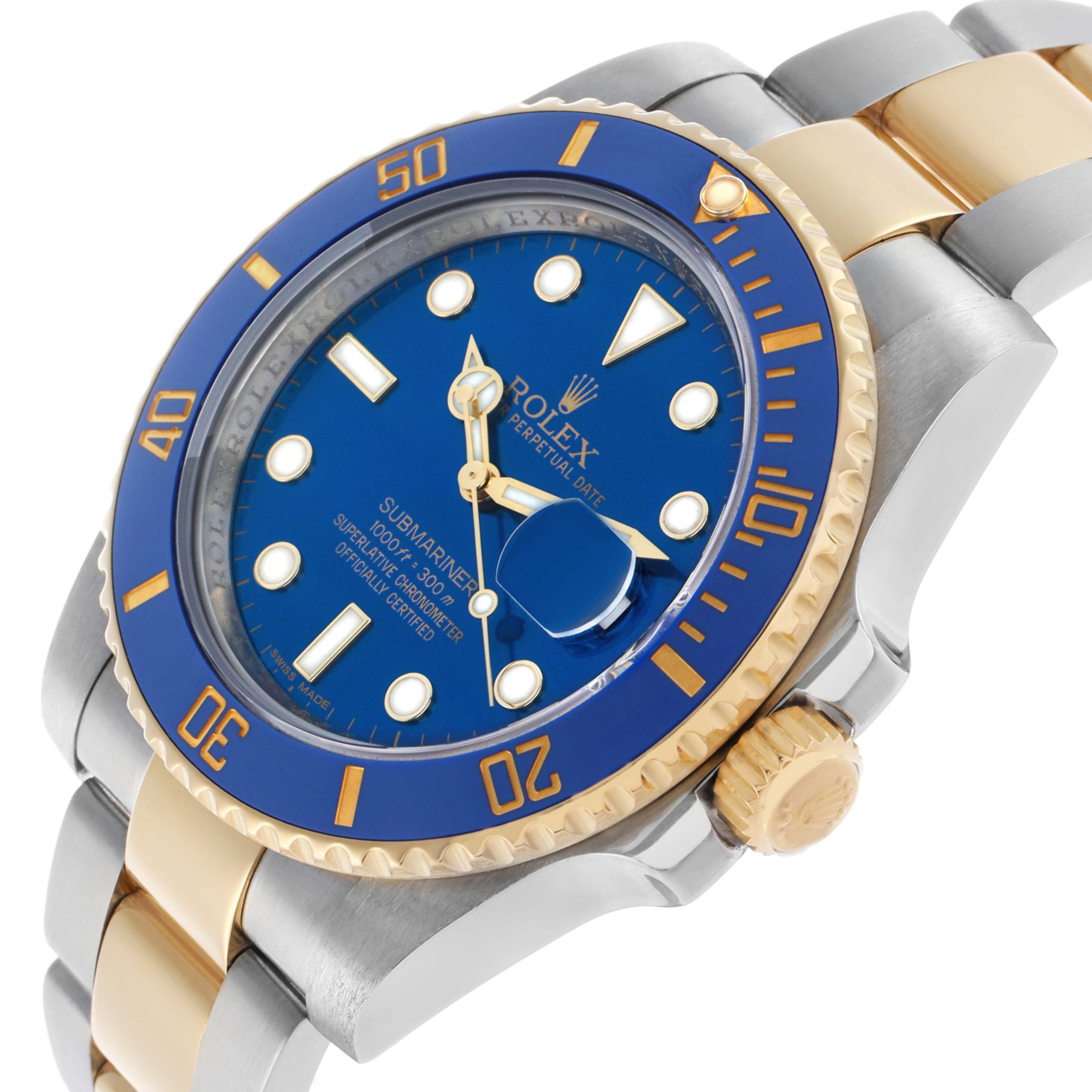 The Rolex Submariner 116613F Men's Steel and Gold (two tone) Blue Dial is shown at an angle highlighting the blue bezel, dial, two-tone bracelet, and crown.