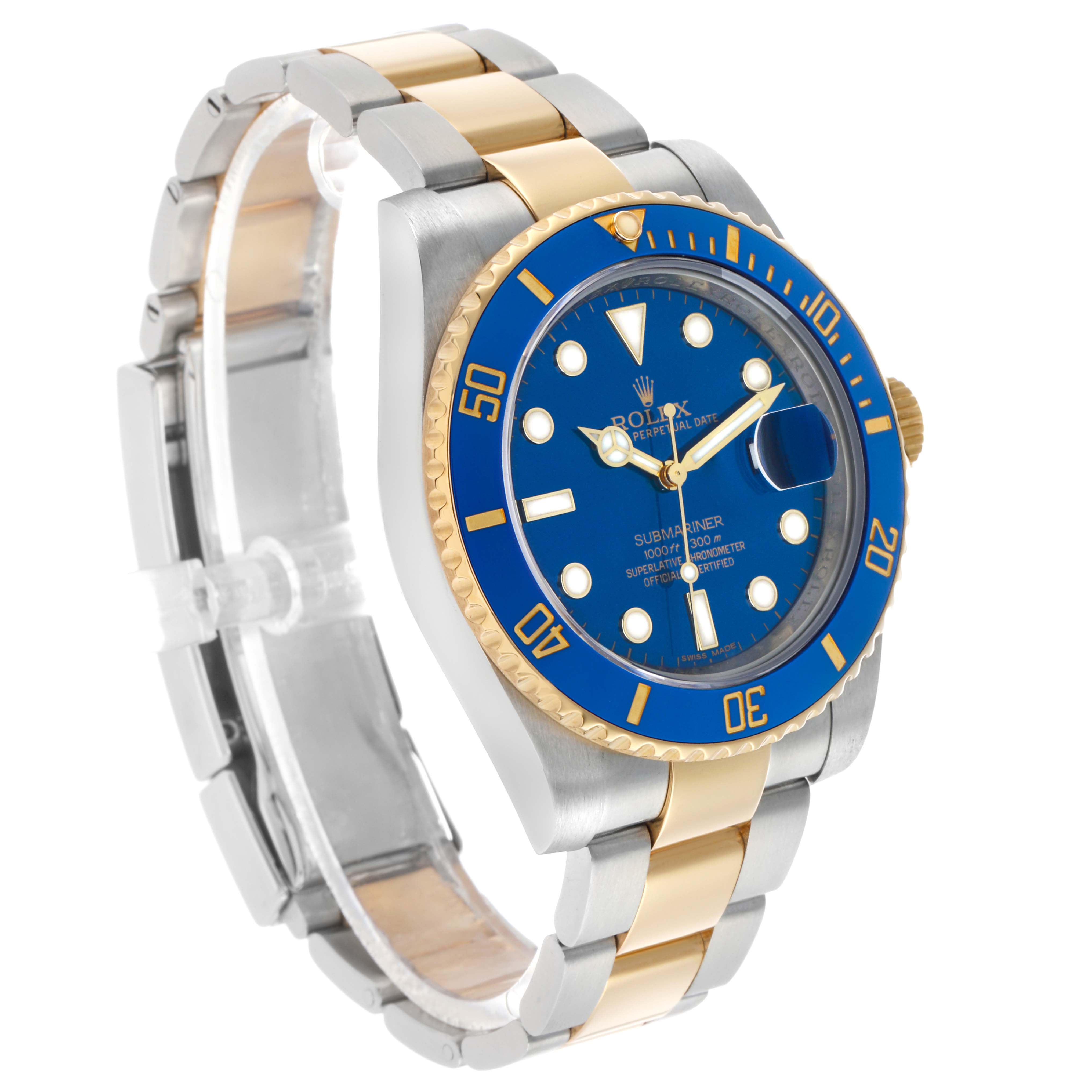 The Rolex Submariner 116613F Men's Steel and Gold (two tone) Blue Dial watch is shown at a three-quarter angle, highlighting the blue bezel, dial, and two-tone bracelet.
