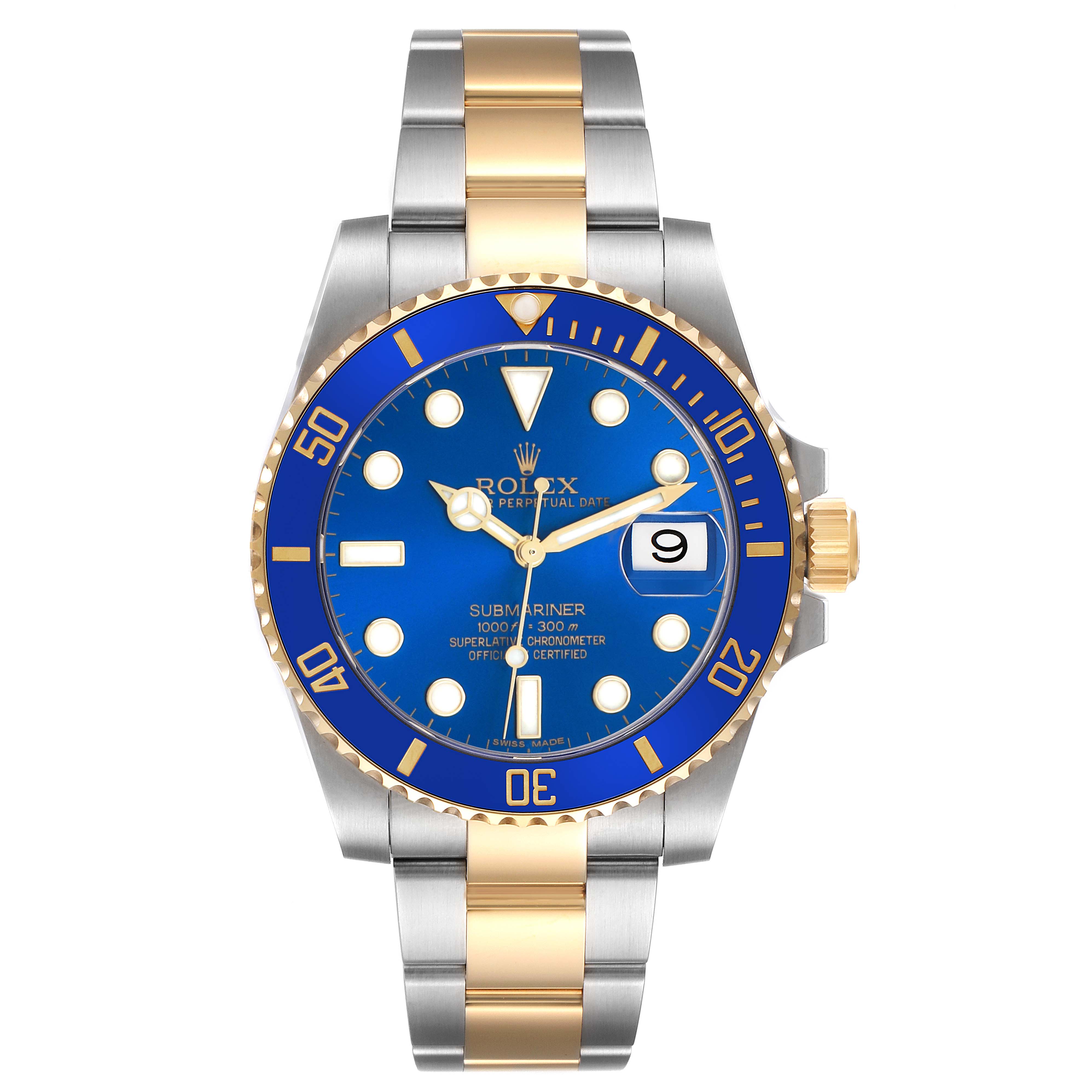 The Rolex Submariner 116613F Men's Steel and Gold (two tone) Blue Dial is shown from a top-down angle, displaying the dial, bezel, crown, and bracelet clearly.