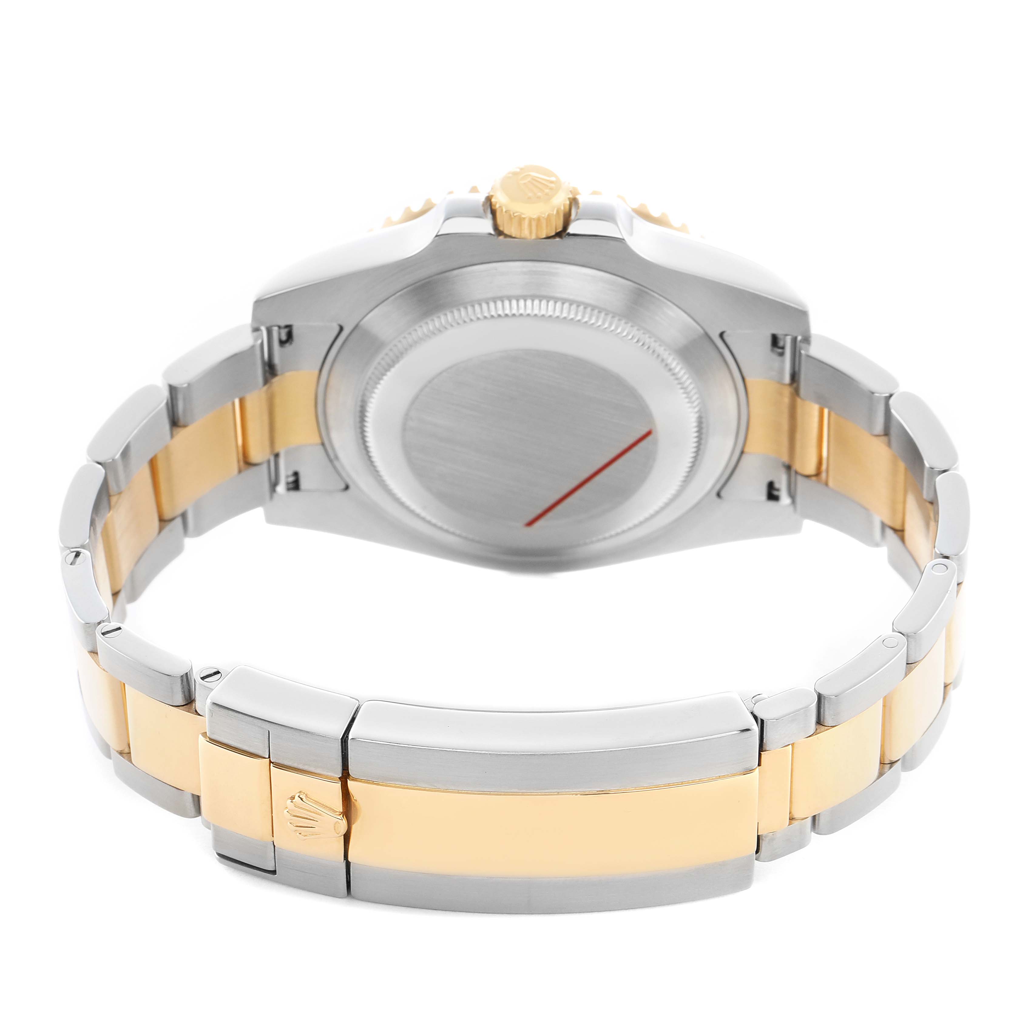 The image shows the back view of a Rolex Submariner 116613F Men's Steel and Gold (two tone) Blue Dial watch, highlighting the case back, bracelet, and clasp.