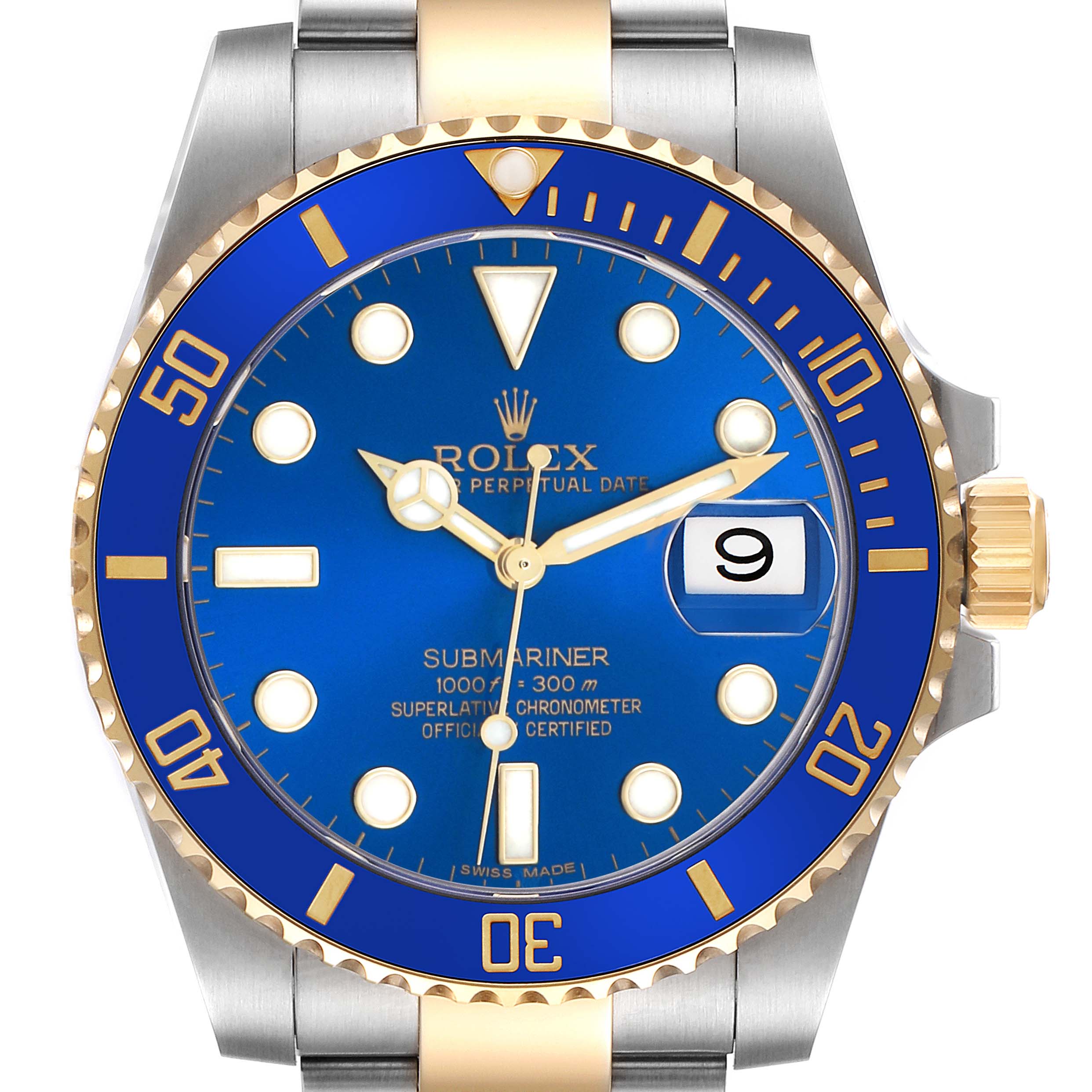 The Rolex Submariner 116613F Men's Steel and Gold (two tone) Blue Dial watch is shown from a front angle, highlighting its blue dial, bezel, and two-tone bracelet.
