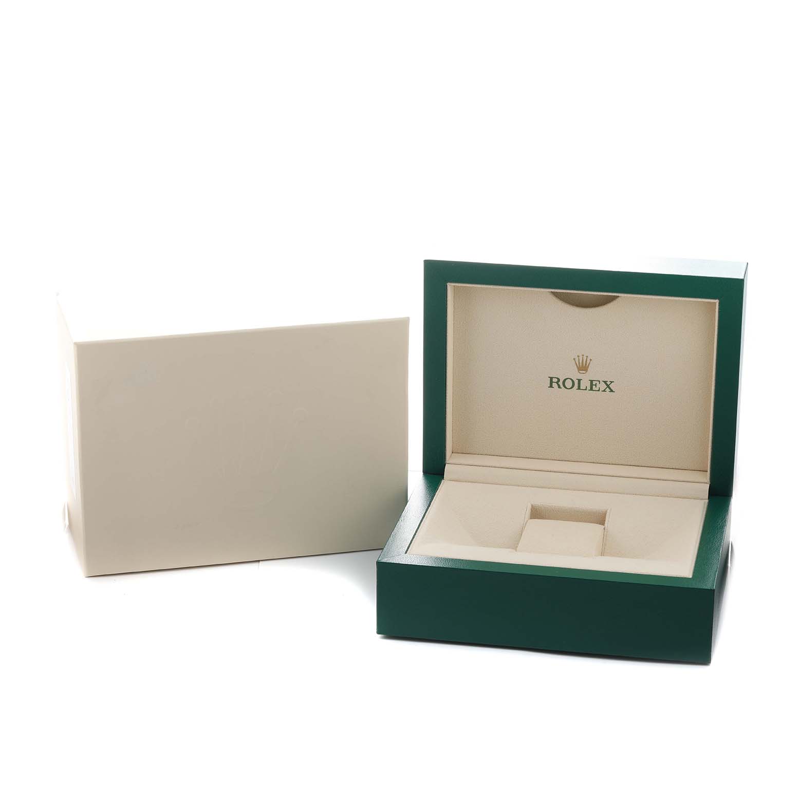 The image shows an open Rolex Submariner 116613F Men's Steel and Gold (two tone) Blue Dial watch box with a beige exterior and dark green interior.
