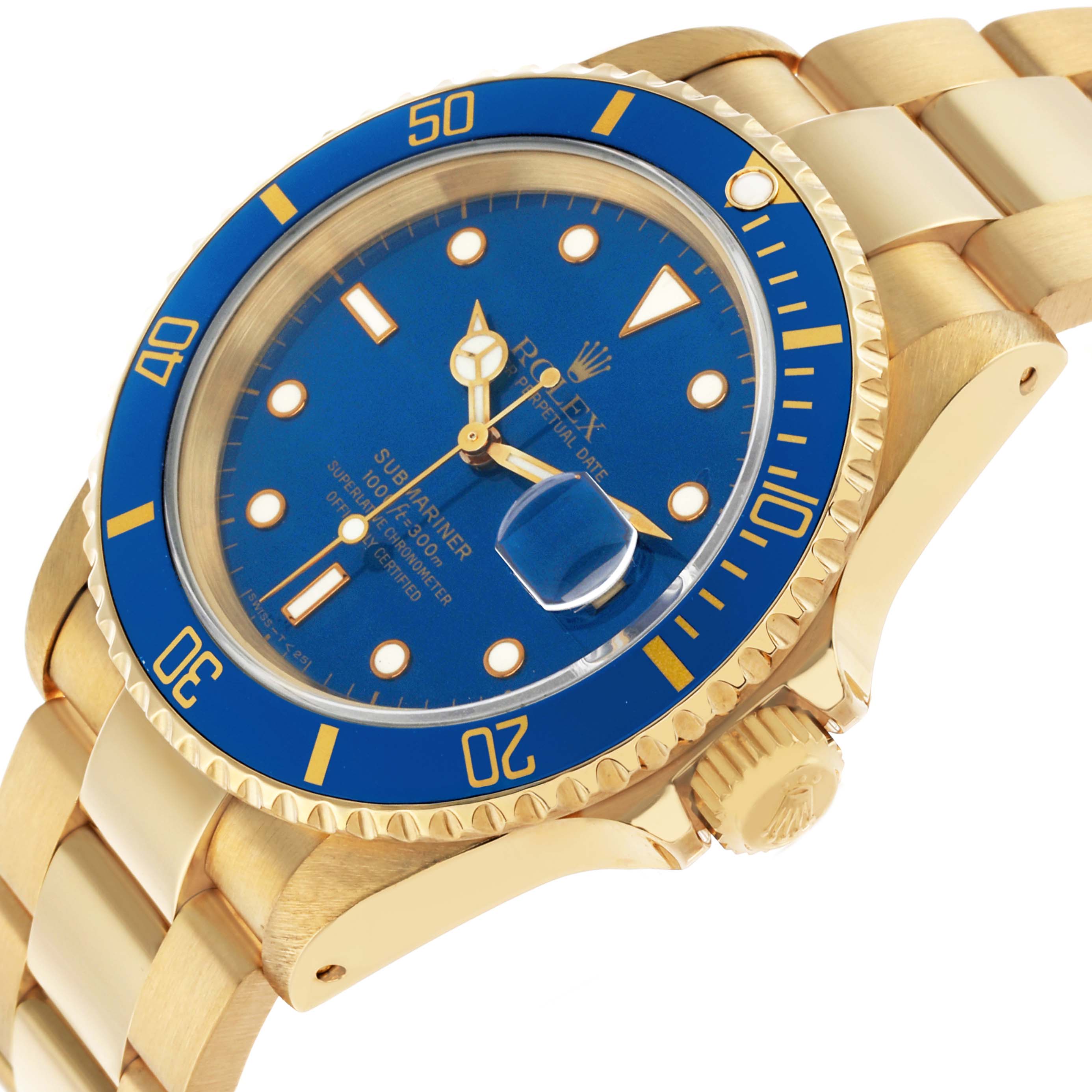 The Rolex Submariner 16618 Men's Yellow Gold Blue Dial watch is shown at a slight angle, featuring the bezel, dial, crown, and part of the bracelet.