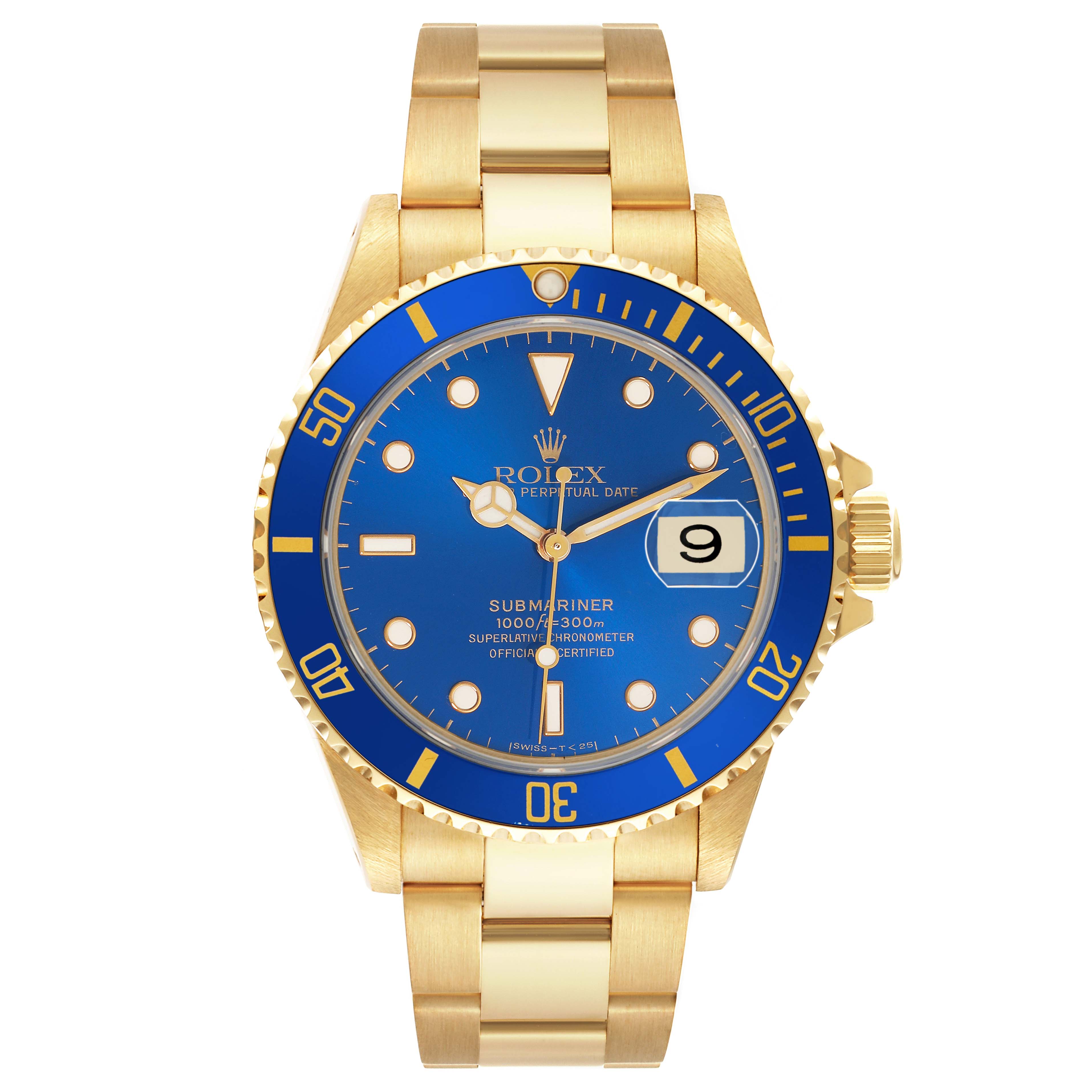 The Rolex Submariner 16618 Men's Yellow Gold Blue Dial watch is shown from a straight-on angle, displaying its blue dial, date magnifier, bezel, and part of the bracelet.