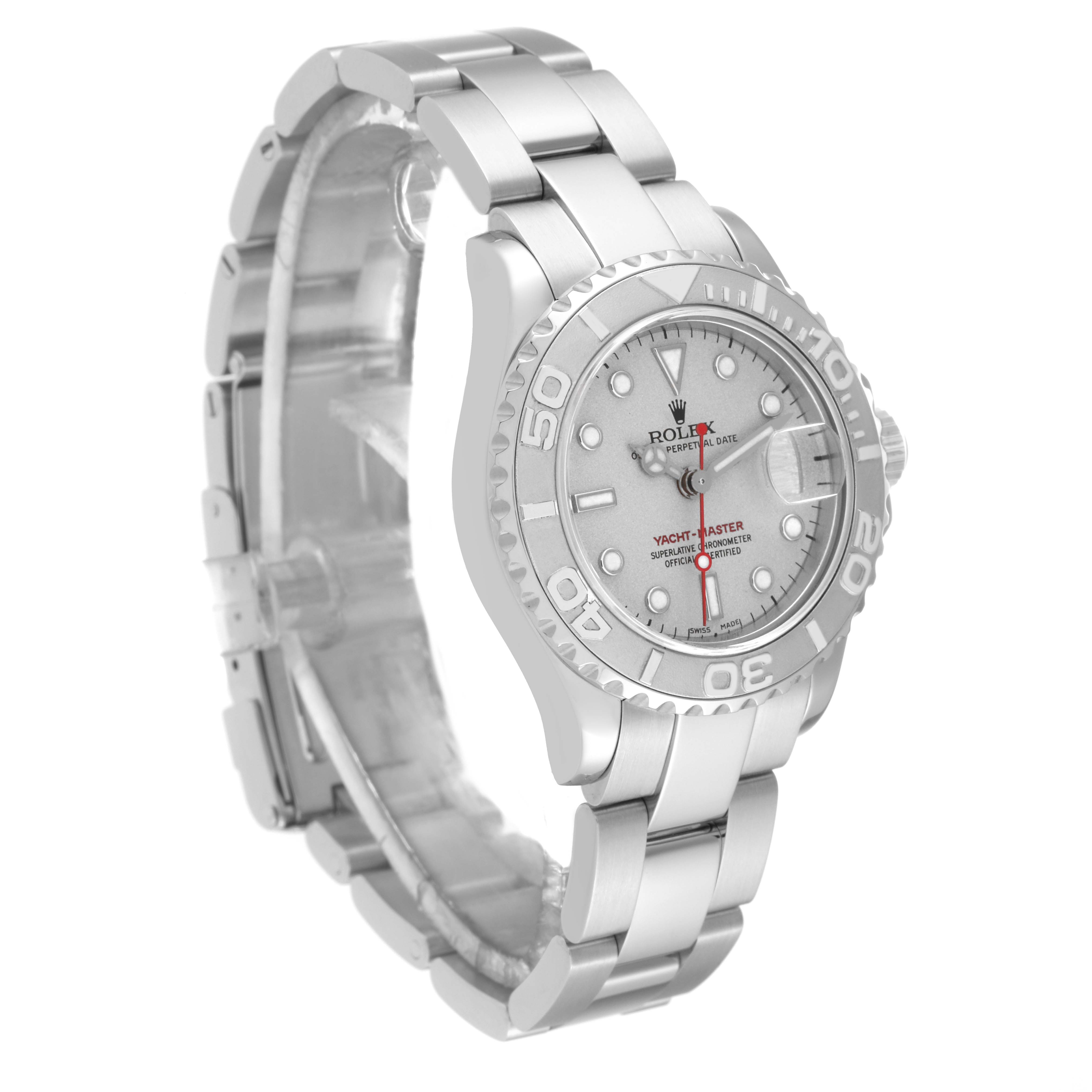 The Rolex Yacht-Master 169622 Women
s Stainless Steel Silver Dial 169622 Women
s Stainless Steel Silver Dial watch is shown at a slight angle, highlighting the dial, bezel, and part of the bracelet.