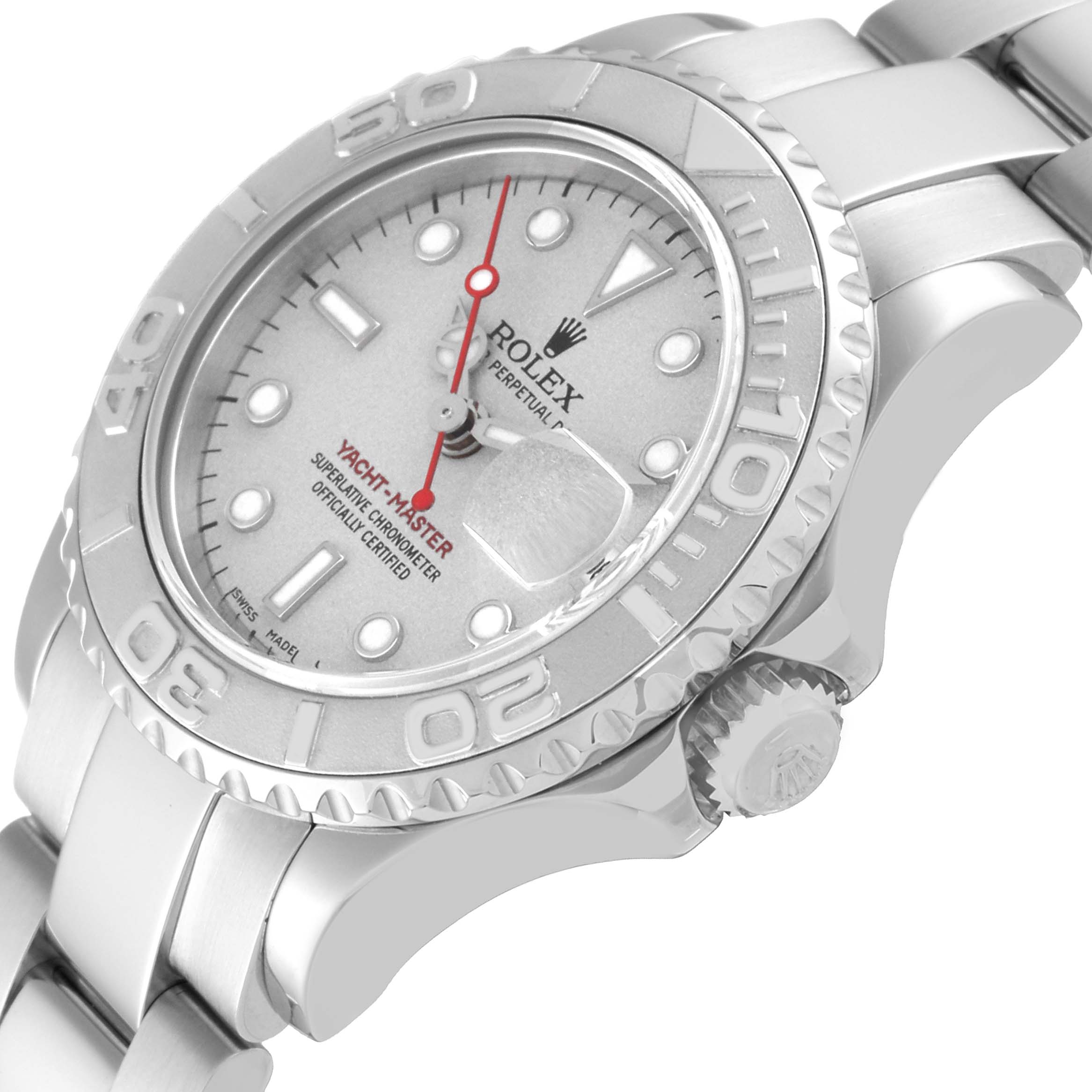 The image shows a close-up angle of the Rolex Yacht-Master 169622 Women
s Stainless Steel Silver Dial 169622 Women
s Stainless Steel Silver Dial watch, focusing on the bezel, dial, crown, and part of the bracelet.