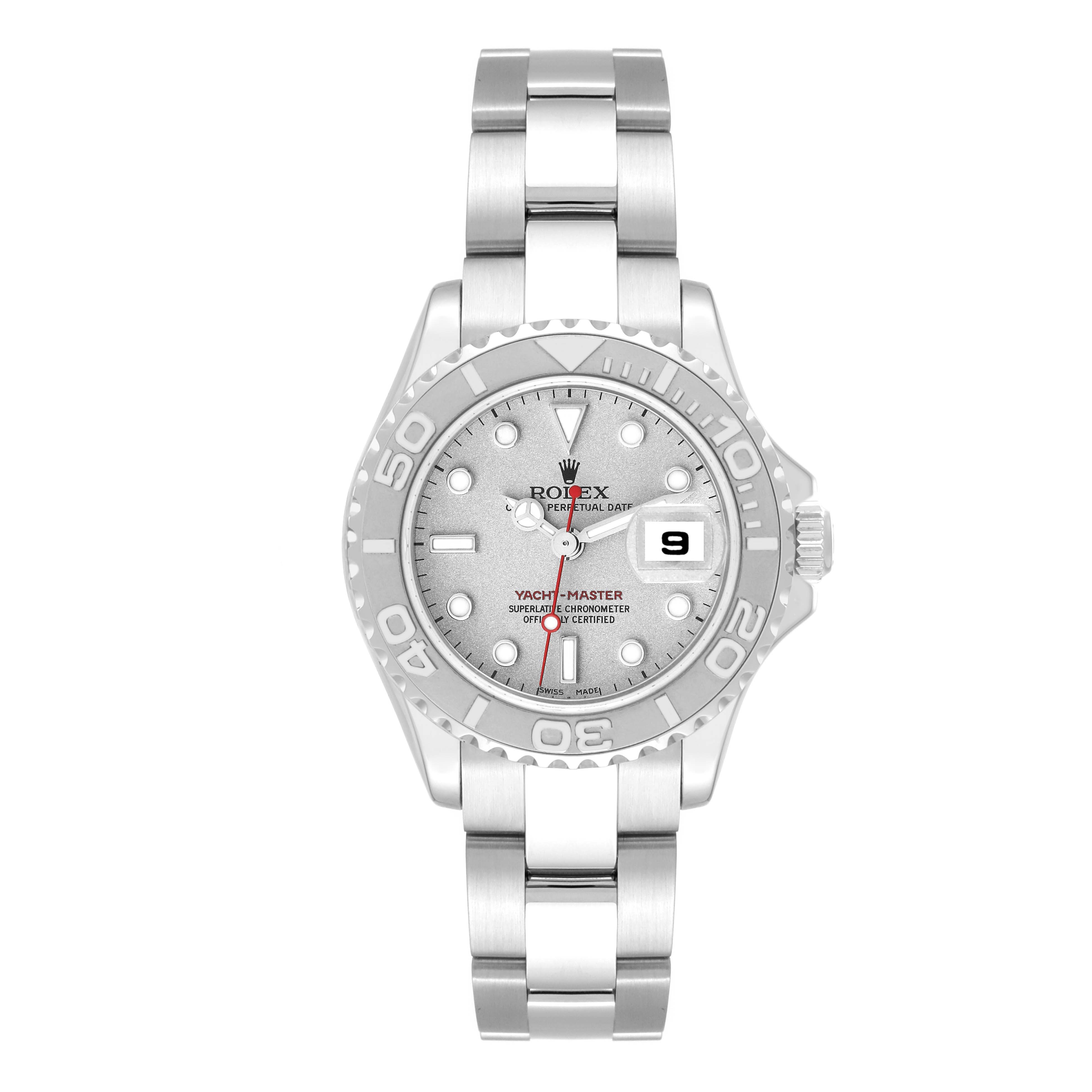 The image shows a Rolex Yacht-Master 169622 Women
s Stainless Steel Silver Dial 169622 Women
s Stainless Steel Silver Dial watch from a front angle, displaying the entire watch face, bezel, and bracelet.