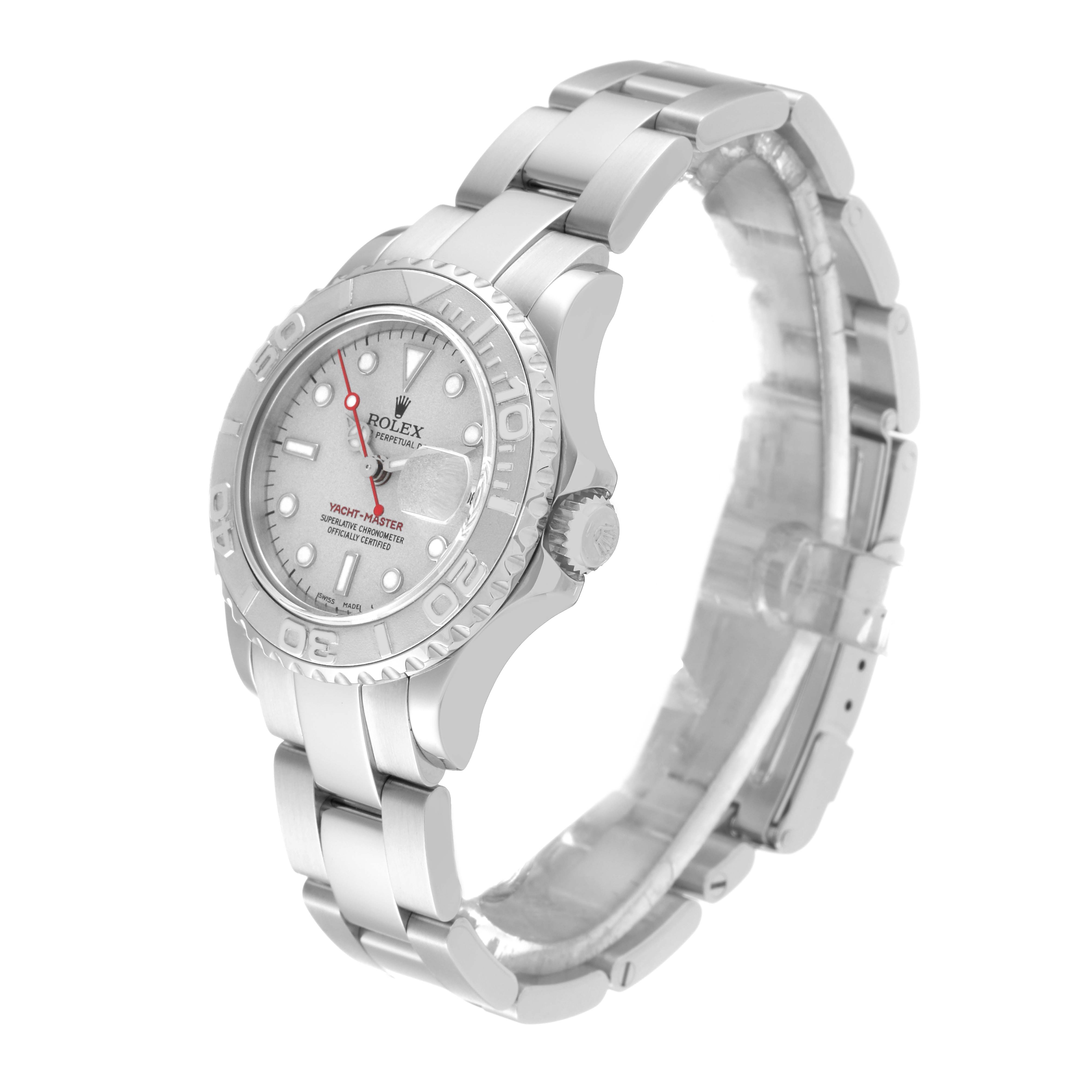 The image shows the Rolex Yacht-Master 169622 Women
s Stainless Steel Silver Dial 169622 Women
s Stainless Steel Silver Dial watch from a three-quarter angle, highlighting the dial, bezel, crown, and bracelet.