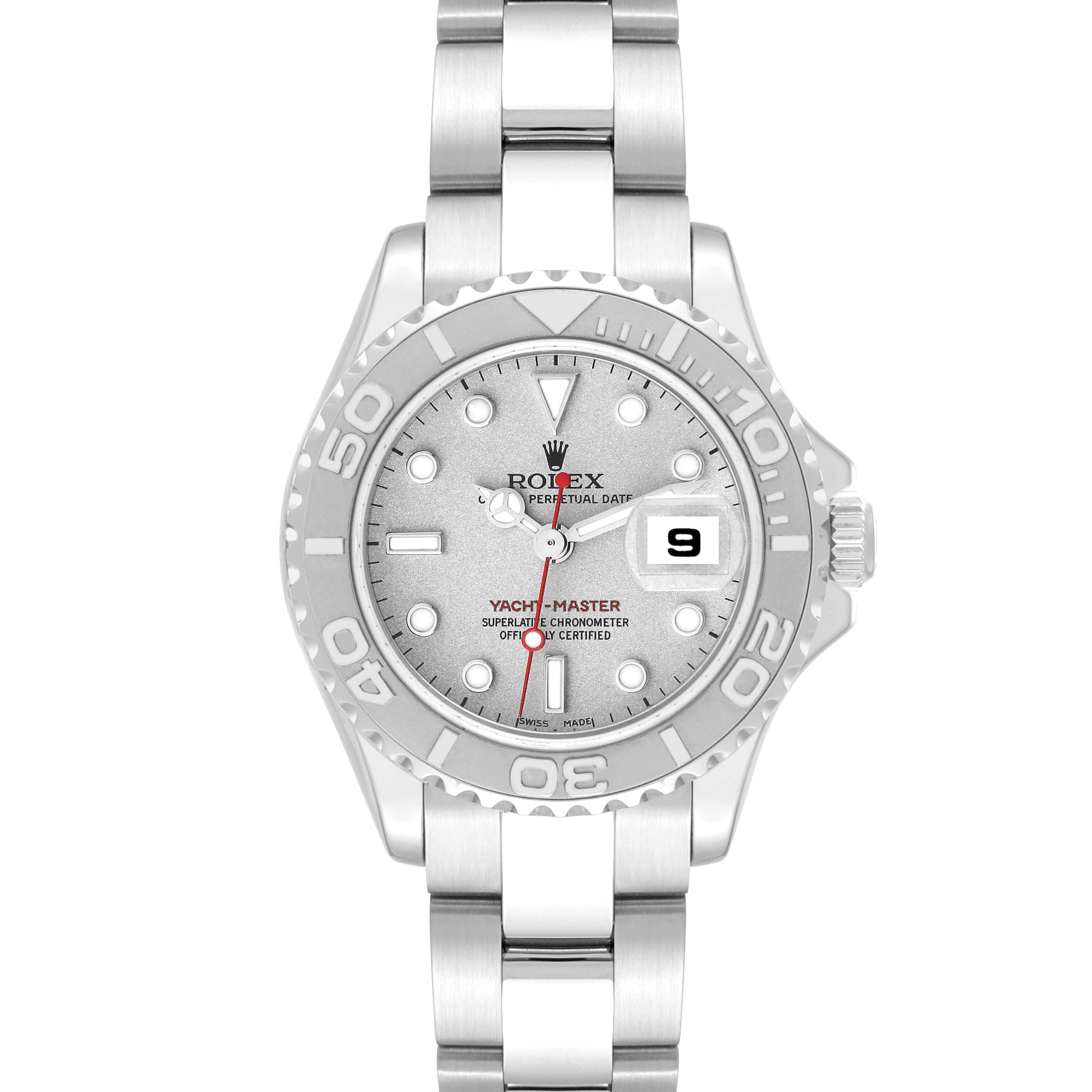 This image shows a Rolex Yacht-Master 169622 Women
s Stainless Steel Silver Dial 169622 Women
s Stainless Steel Silver Dial watch from a front angle, highlighting its face, bezel, and stainless steel bracelet.