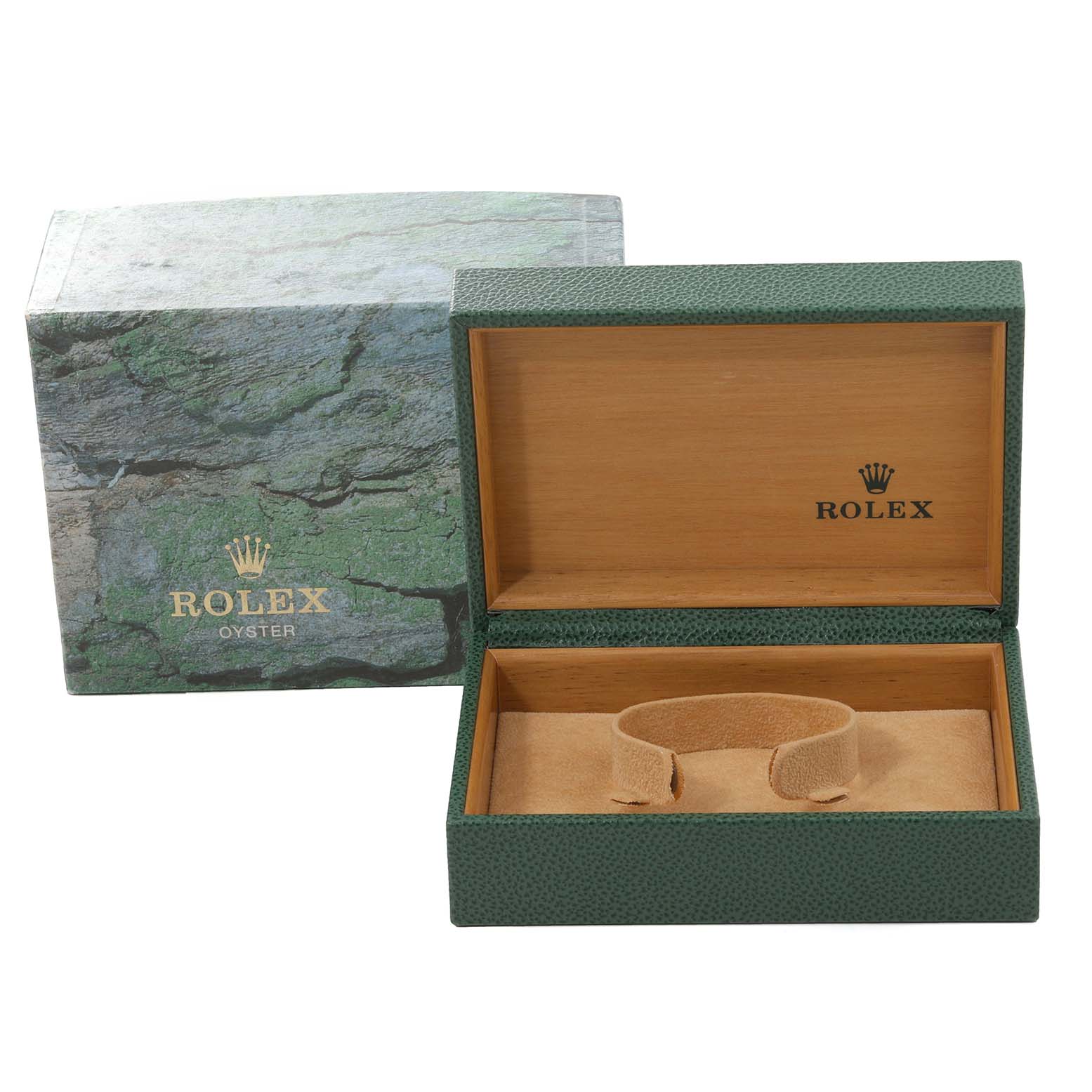 The image shows an empty Rolex Yacht-Master 169622 Women
s Stainless Steel Silver Dial 169622 Women
s Stainless Steel Silver Dial watch box and its outer packaging, displaying a green texture with the Rolex logo.