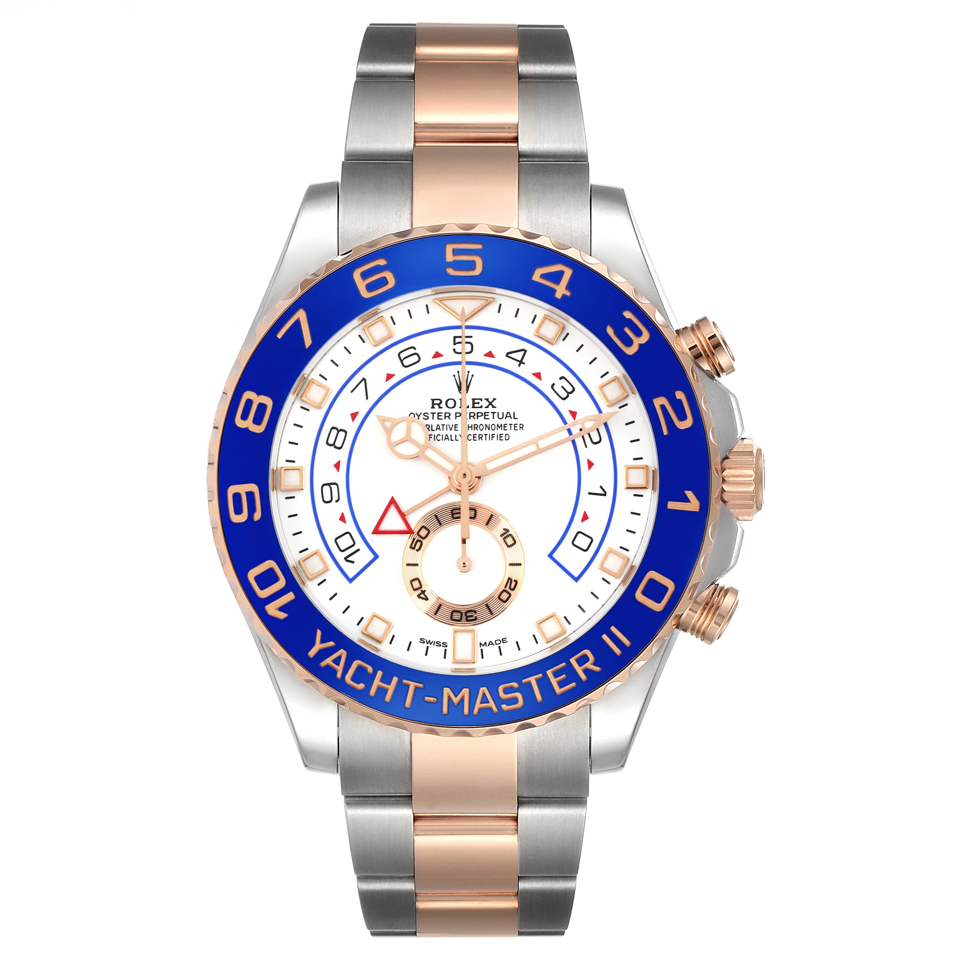 The Rolex Yacht-Master 116681 Men
s Steel and Gold (two tone) White Dial 116681 Men
s Steel and Gold (two tone) White Dial watch is shown from a front angle, displaying its face, bezel, and two-tone bracelet.