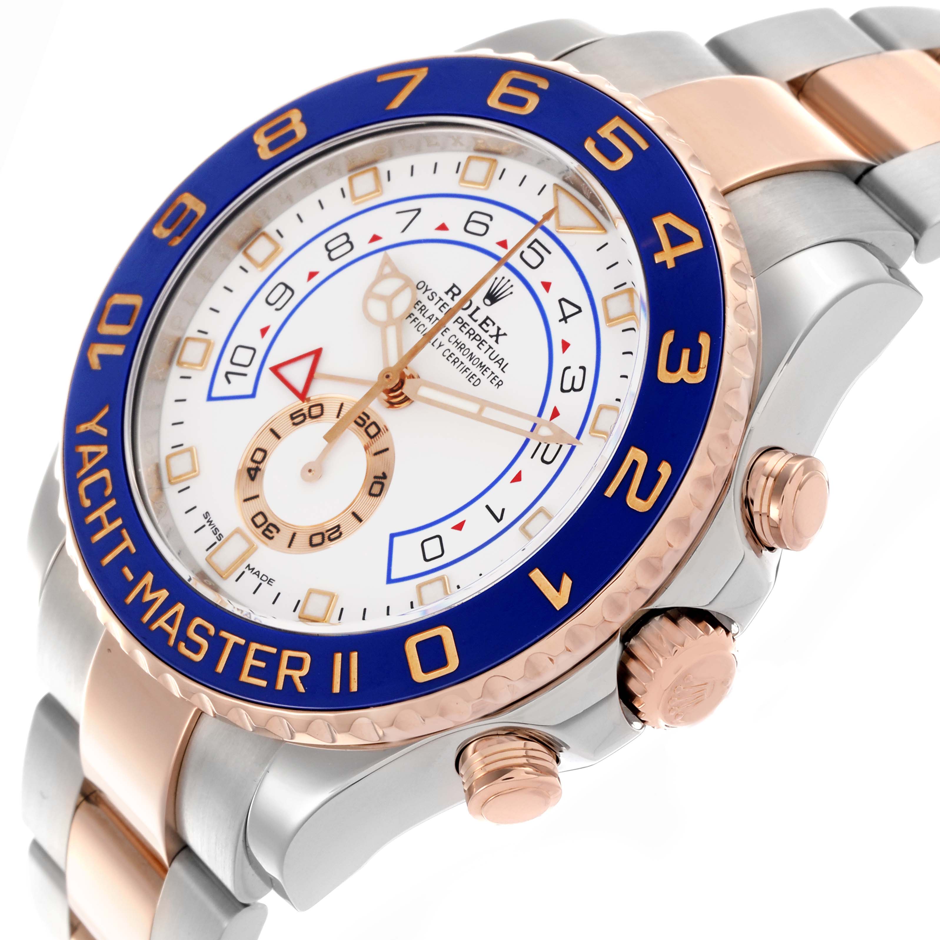 The Rolex Yacht-Master 116681 Men
s Steel and Gold (two tone) White Dial 116681 Men
s Steel and Gold (two tone) White Dial watch is shown at an angled side view, highlighting the bezel, crown, and bracelet.