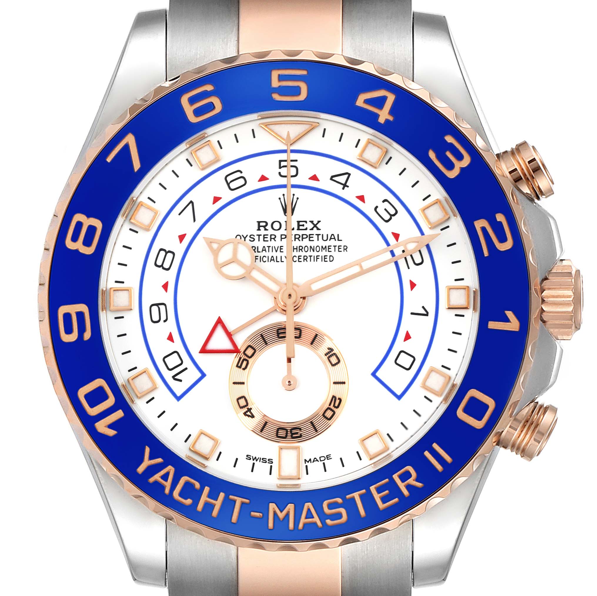 The Rolex Yacht-Master 116681 Men
s Steel and Gold (two tone) White Dial 116681 Men
s Steel and Gold (two tone) White Dial model is shown from the front, displaying its blue bezel and detailed white dial with rose-gold accents.