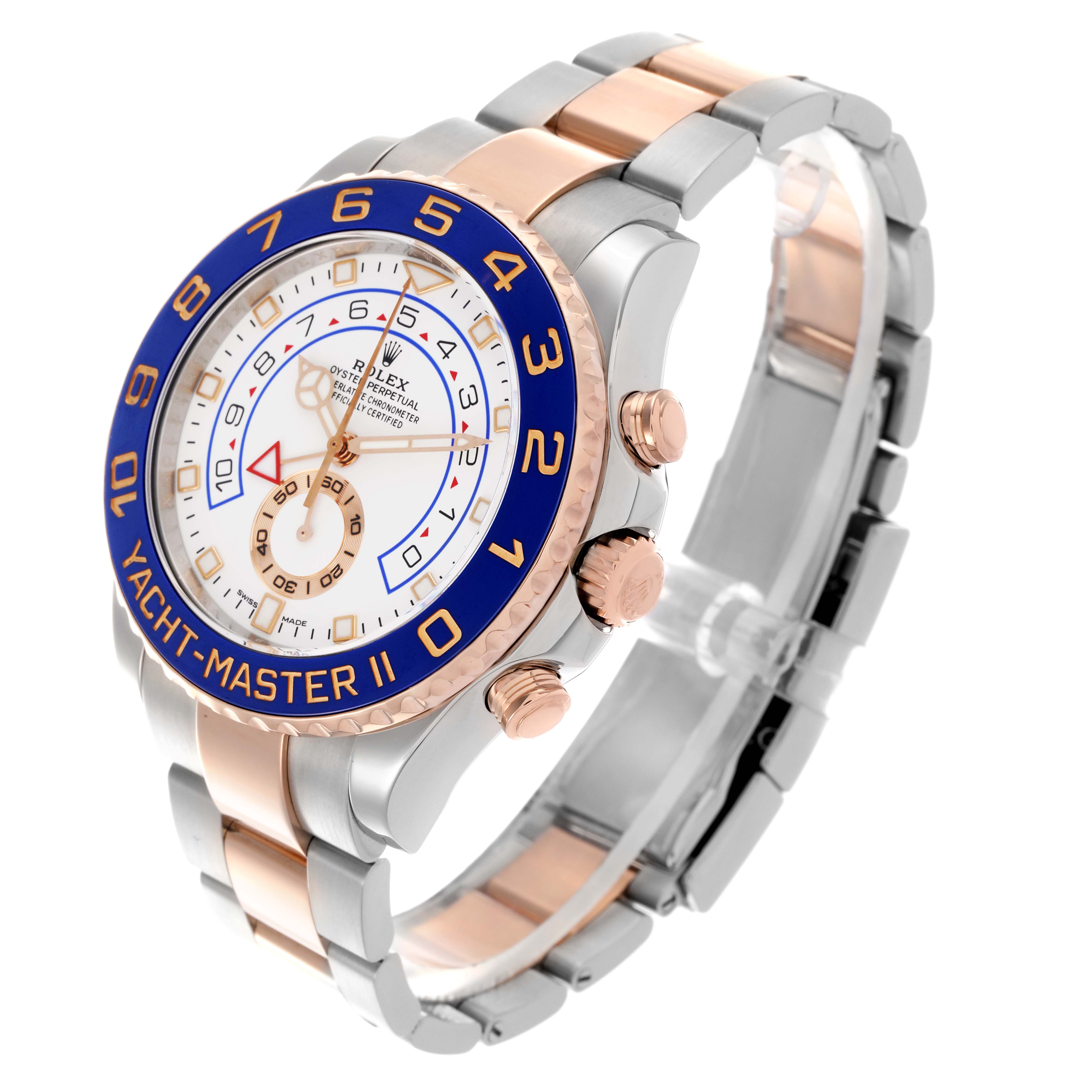 The Rolex Yacht-Master 116681 Men
s Steel and Gold (two tone) White Dial 116681 Men
s Steel and Gold (two tone) White Dial watch is shown at a three-quarter view, highlighting its bezel, dial, and two-tone bracelet.
