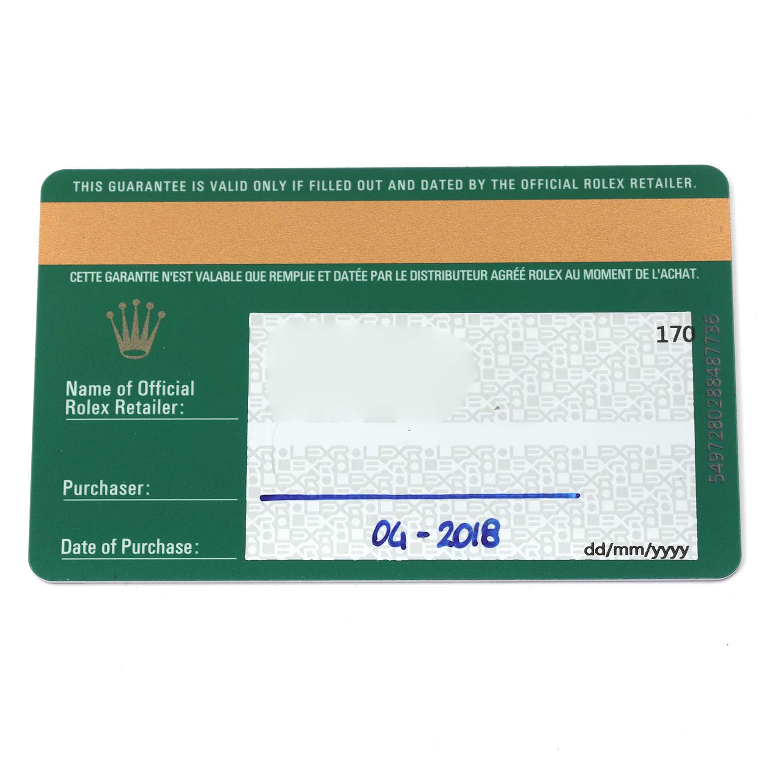 This image shows a guarantee card for the Rolex Yacht-Master 116681 Men
s Steel and Gold (two tone) White Dial 116681 Men
s Steel and Gold (two tone) White Dial watch, detailing purchase information.