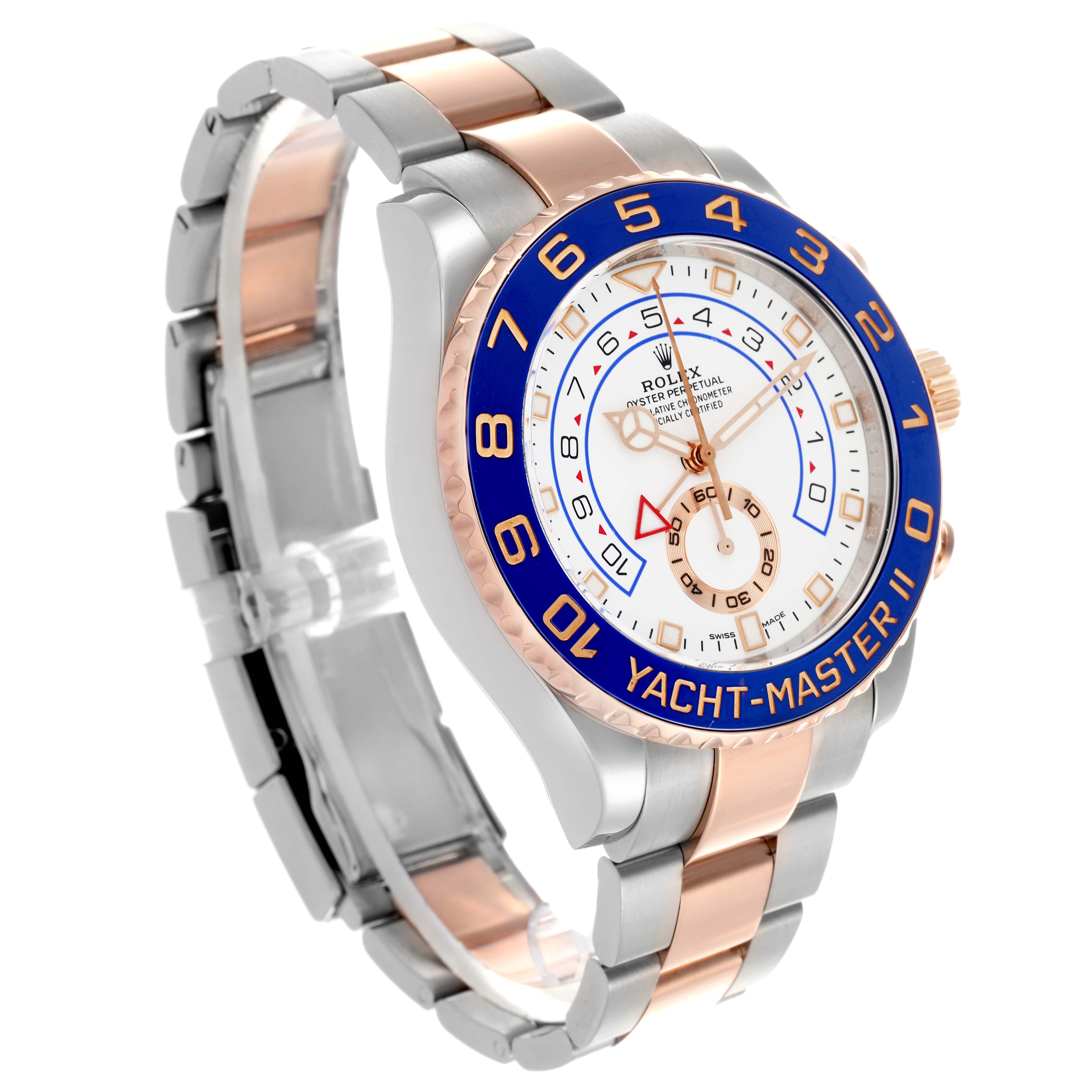 The Rolex Yacht-Master 116681 Men
s Steel and Gold (two tone) White Dial 116681 Men
s Steel and Gold (two tone) White Dial watch is angled to show the face, bezel, and bracelet, highlighting its design and colors.