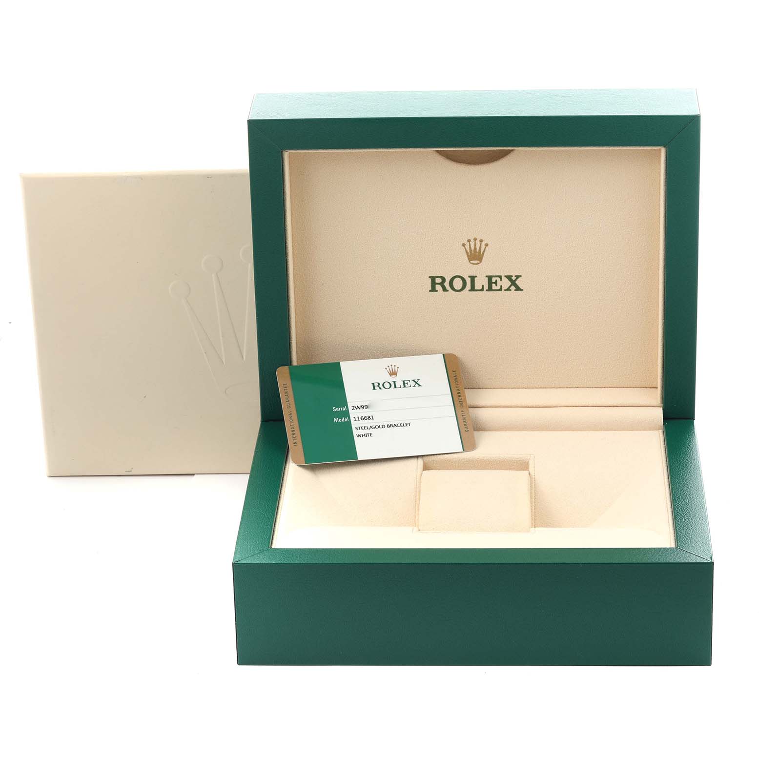 The image shows the open green box of a Rolex Yacht-Master 116681 Men
s Steel and Gold (two tone) White Dial 116681 Men
s Steel and Gold (two tone) White Dial watch, with a warranty card inside.