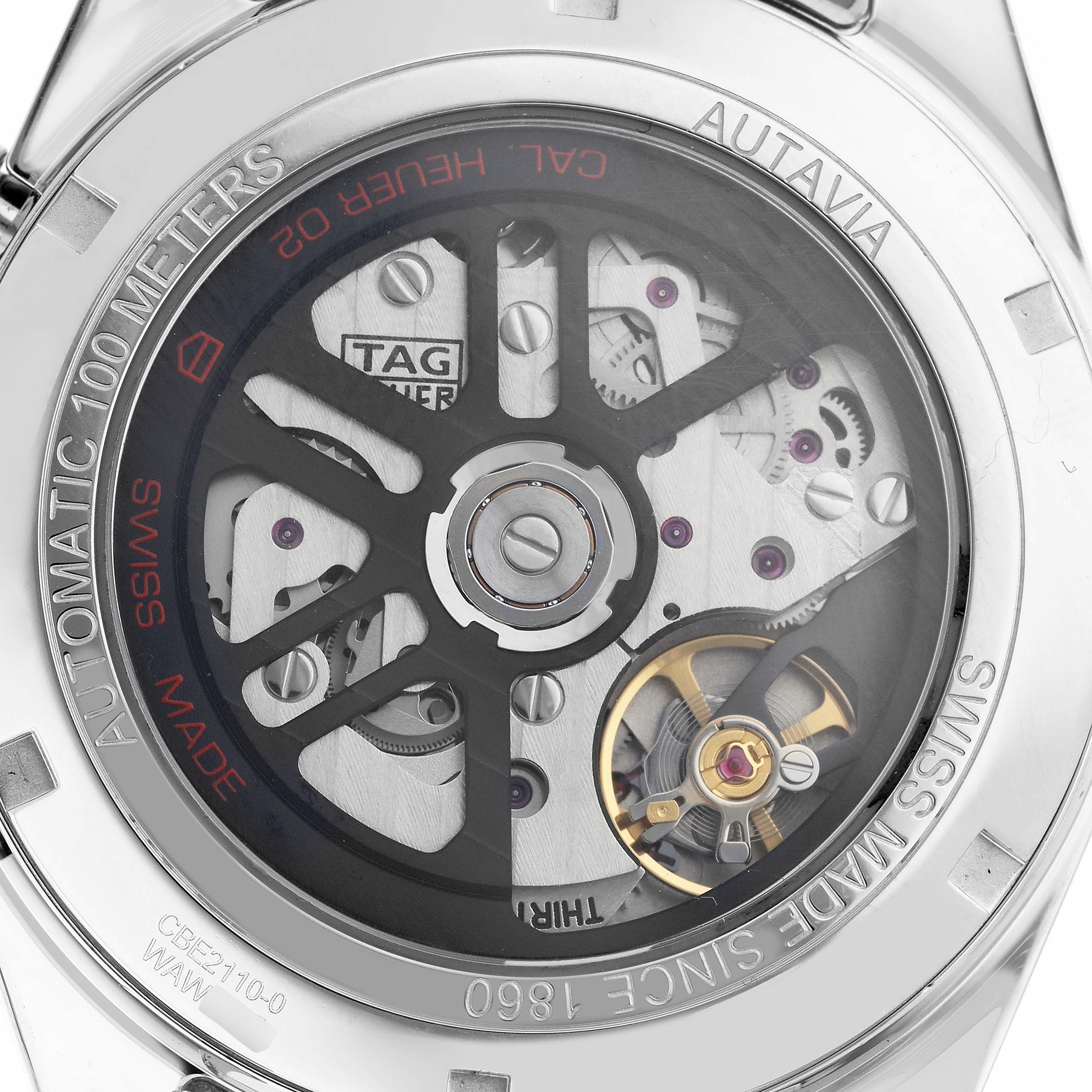 The image shows the back view of the Tag Heuer Autavia CBE2110.BA0687 Men's Stainless Steel Black Dial CBE2110.BA0687 Men's Stainless Steel Black Dial watch, revealing its automatic movement.