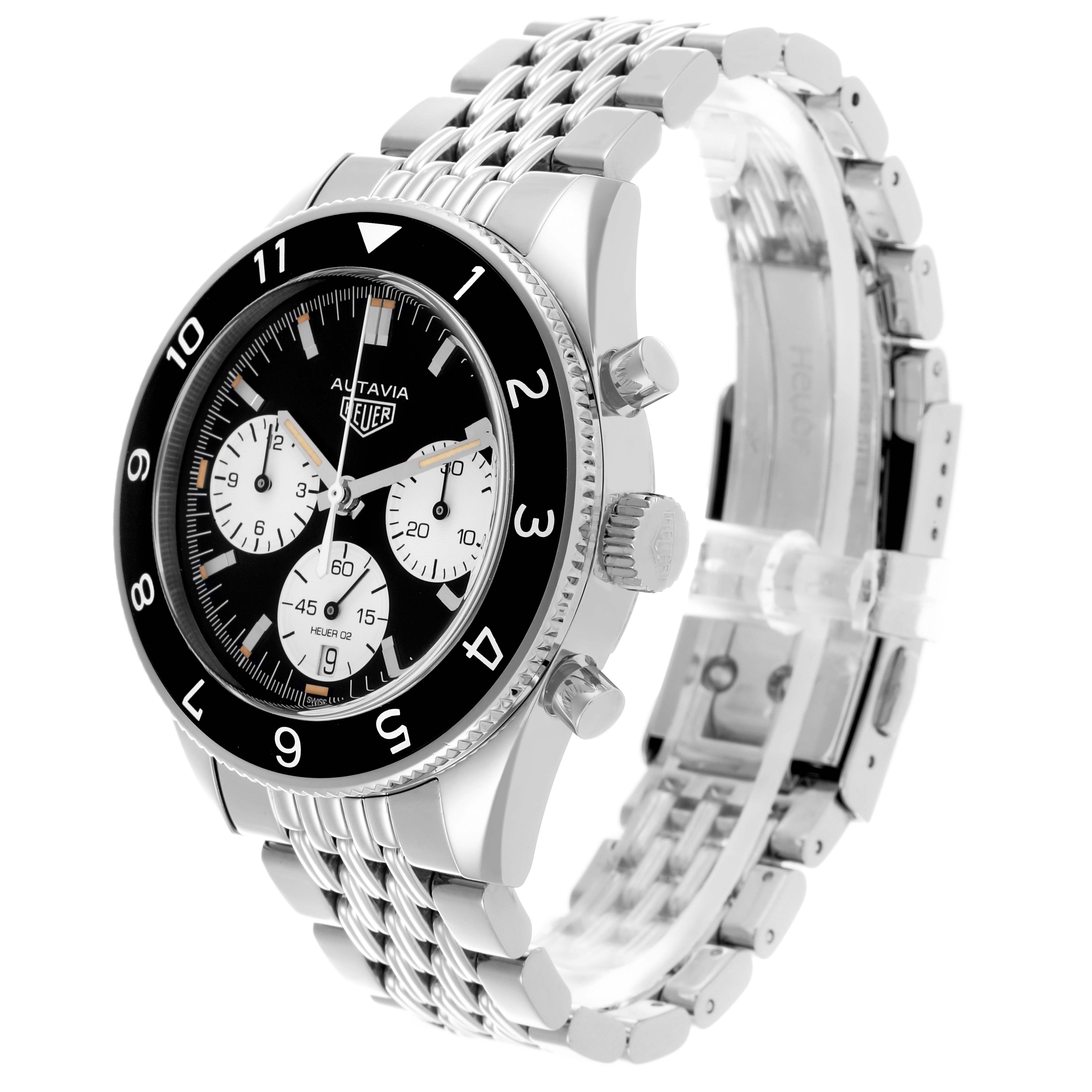 The Tag Heuer Autavia CBE2110.BA0687 Men's Stainless Steel Black Dial CBE2110.BA0687 Men's Stainless Steel Black Dial watch is angled showing the face, bezel, chronograph dials, crown, and stainless steel bracelet.