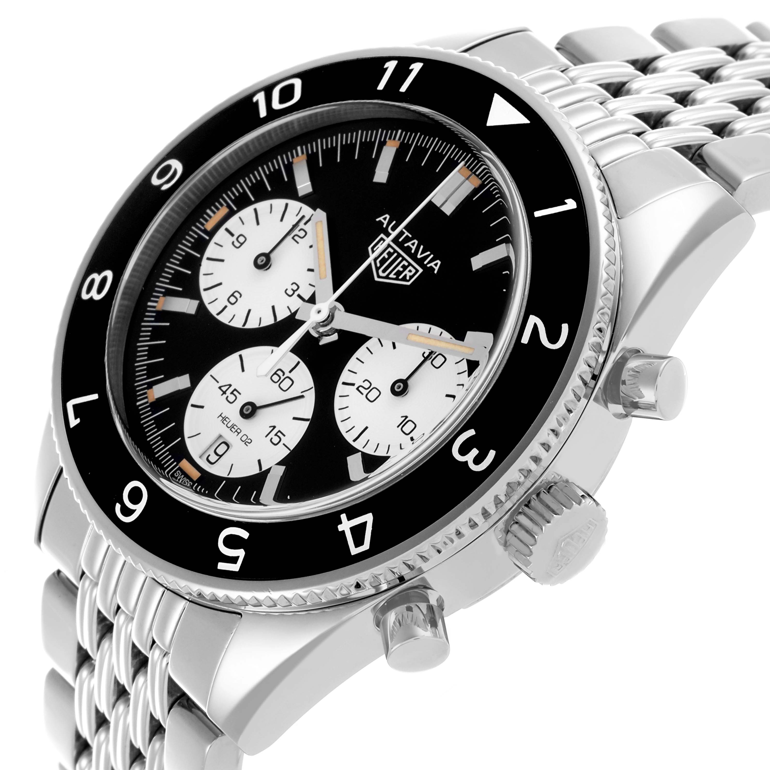 The Tag Heuer Autavia CBE2110.BA0687 Men's Stainless Steel Black Dial CBE2110.BA0687 Men's Stainless Steel Black Dial watch is shown at an angle highlighting the face, bezel, crown, and part of the bracelet.