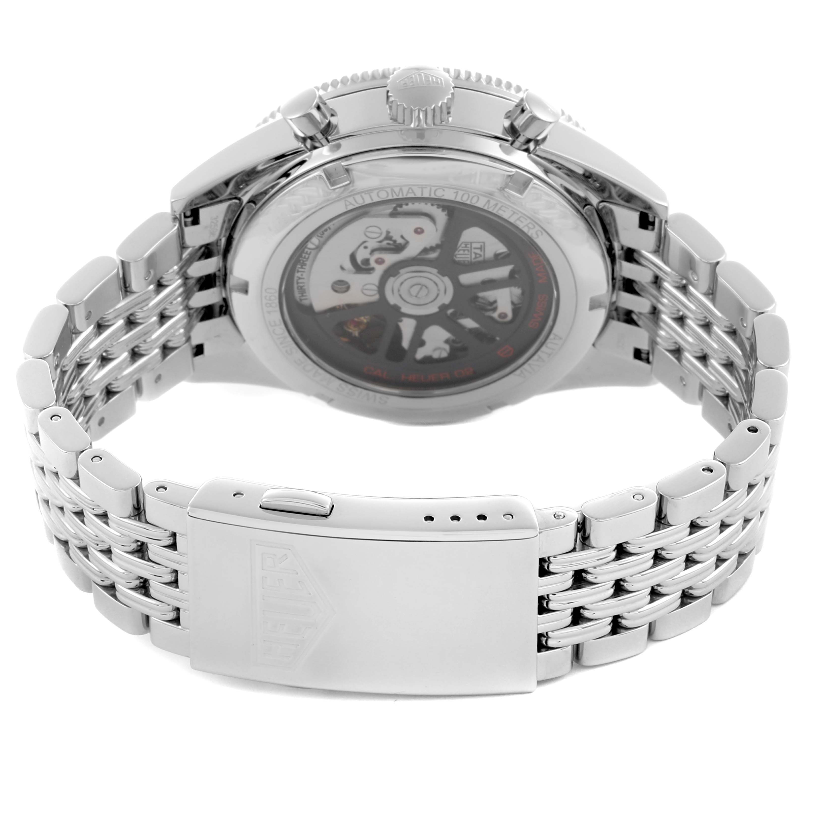 The image shows the back and side view of the Tag Heuer Autavia CBE2110.BA0687 Men's Stainless Steel Black Dial CBE2110.BA0687 Men's Stainless Steel Black Dial watch, highlighting its clasp and movement.