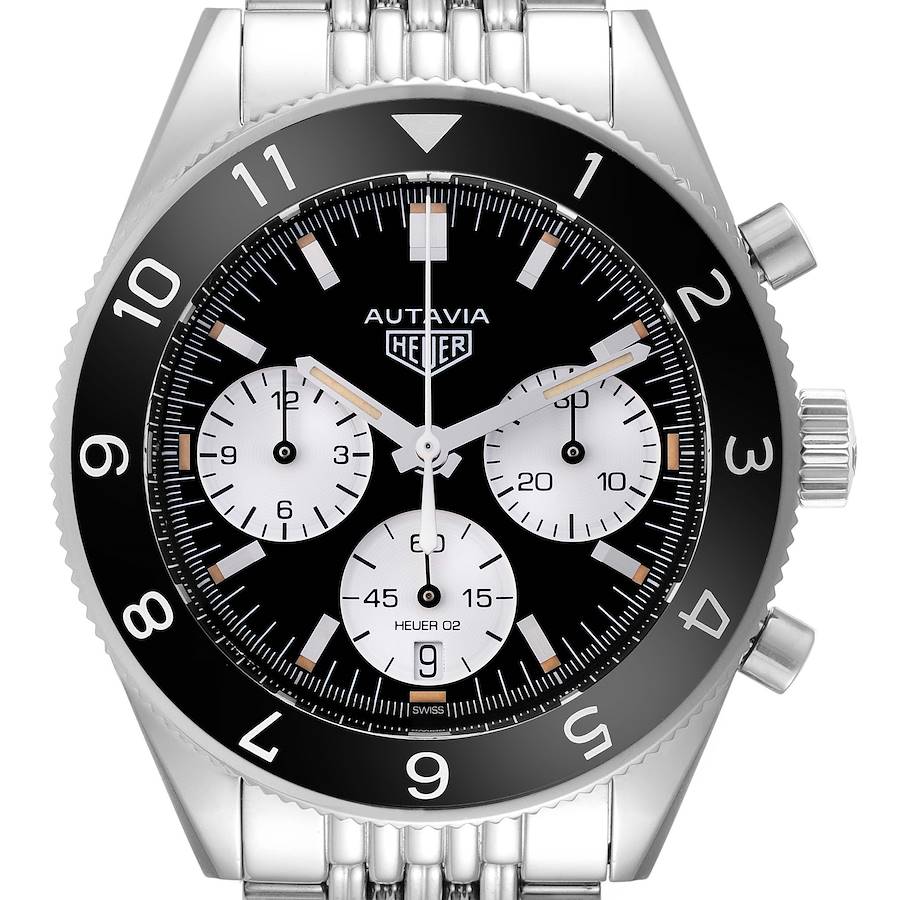 The image shows a front view of a Tag Heuer Autavia watch displaying the dial, bezel, crown, and chronograph subdials.