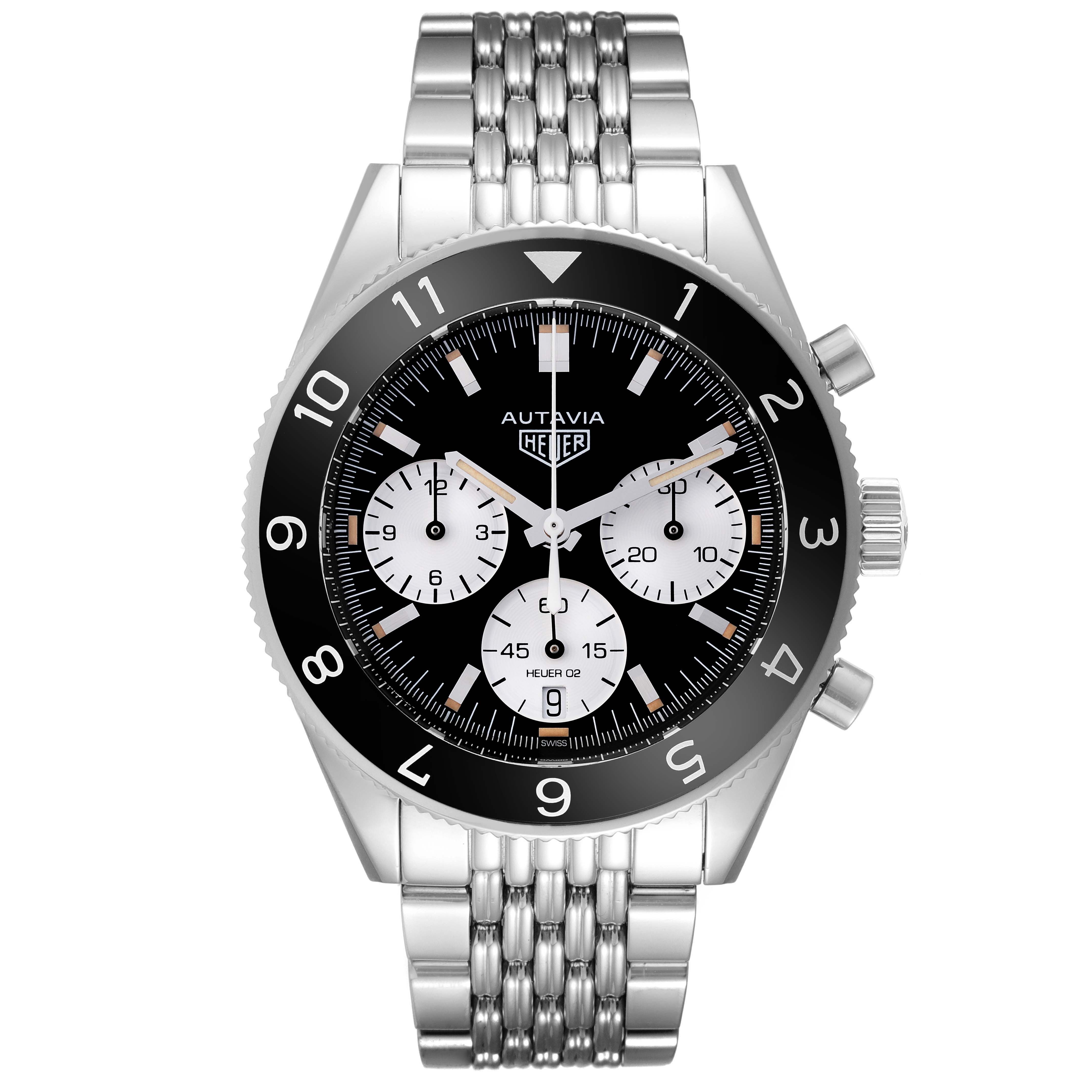 The Tag Heuer Autavia CBE2110.BA0687 Men's Stainless Steel Black Dial CBE2110.BA0687 Men's Stainless Steel Black Dial watch is shown from a front angle, highlighting the dial, bezel, and metal bracelet.