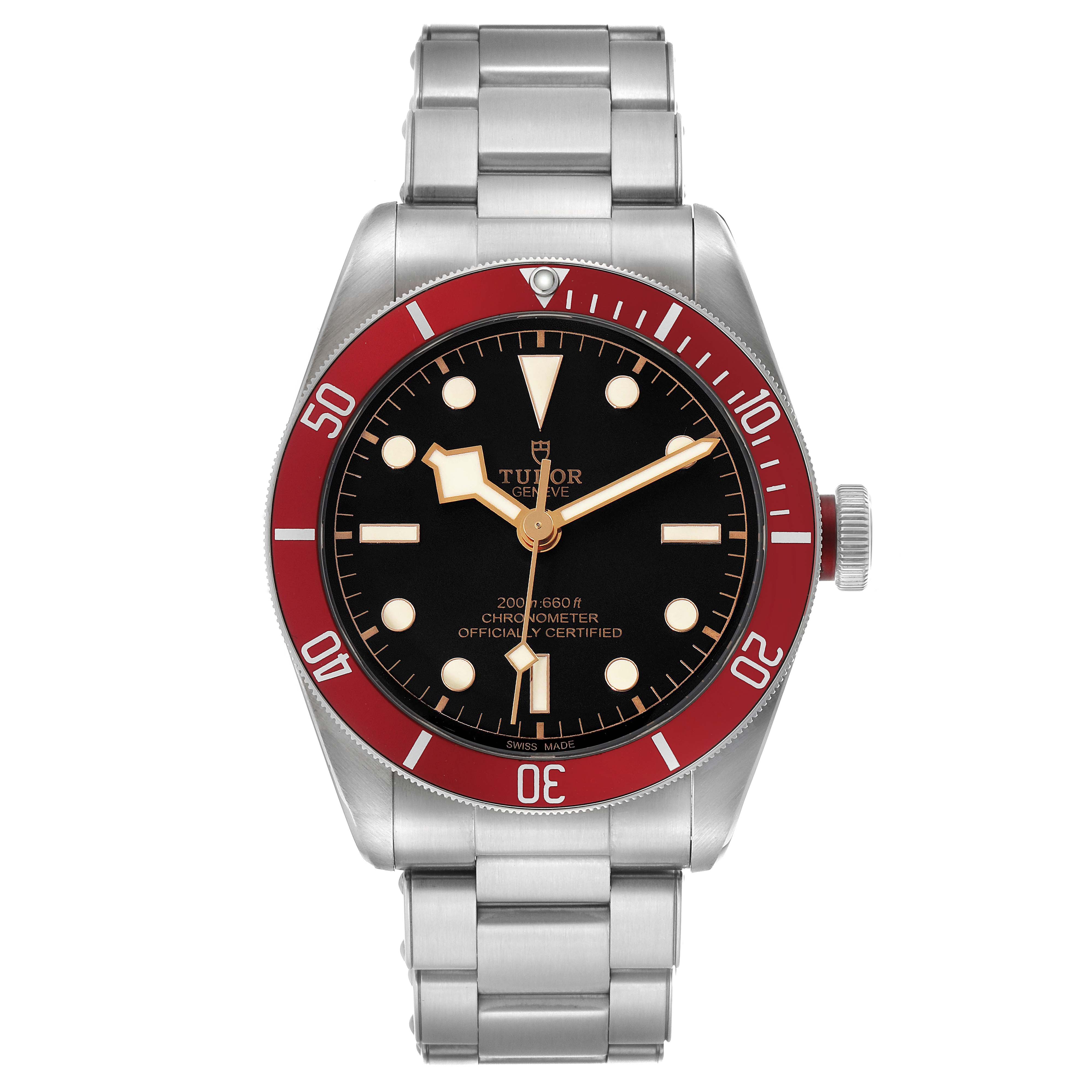 The Tudor Heritage Black Bay 79230R-0003 Men's Stainless Steel Black Dial watch is shown from a front angle, highlighting the dial, bezel, and bracelet.