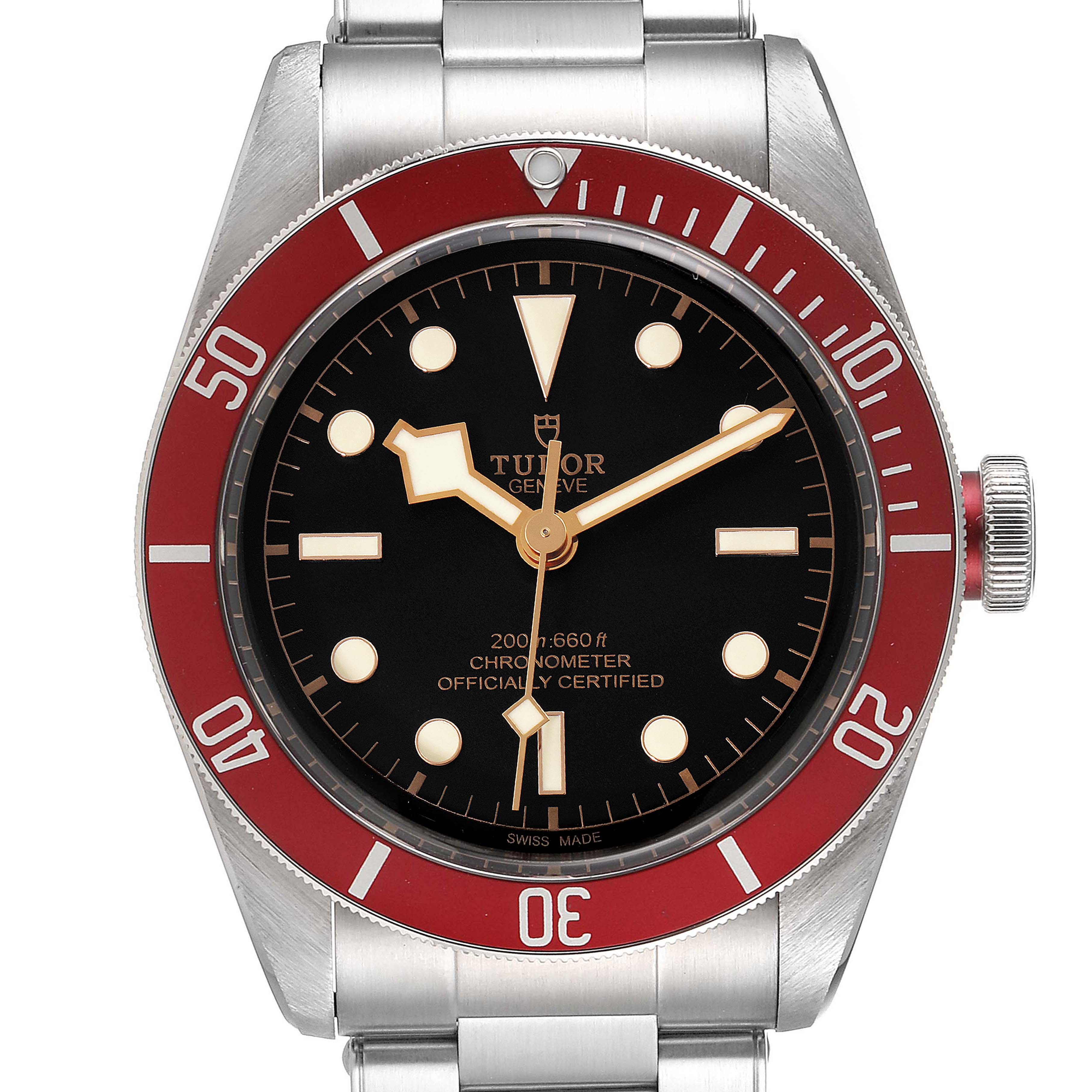 The Tudor Heritage Black Bay 79230R-0003 Men's Stainless Steel Black Dial watch is shown from the front, displaying its black dial and red bezel.