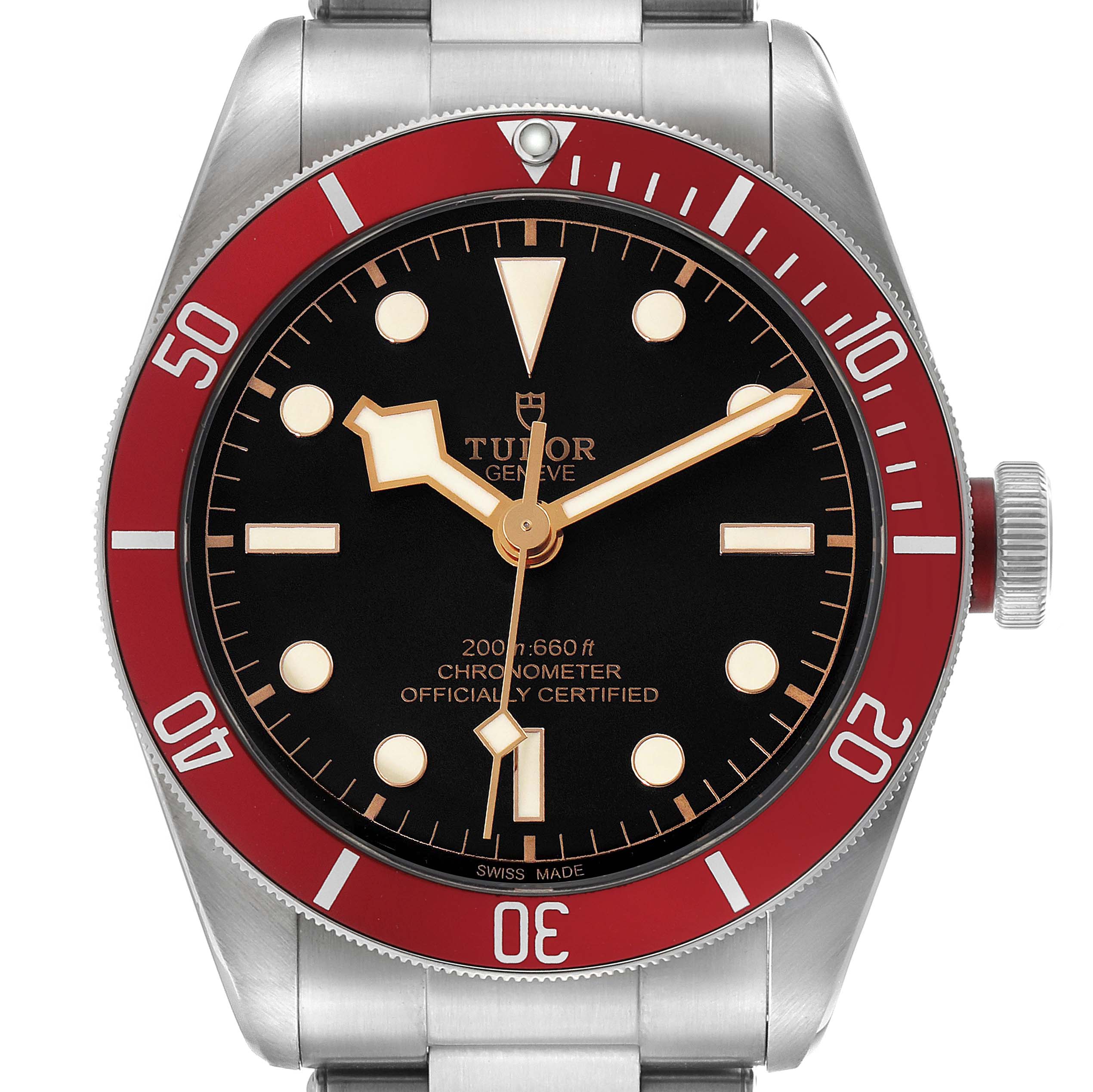 The Tudor Heritage Black Bay 79230R-0003 Men's Stainless Steel Black Dial watch is shown from the front, highlighting the dial, bezel, and crown.