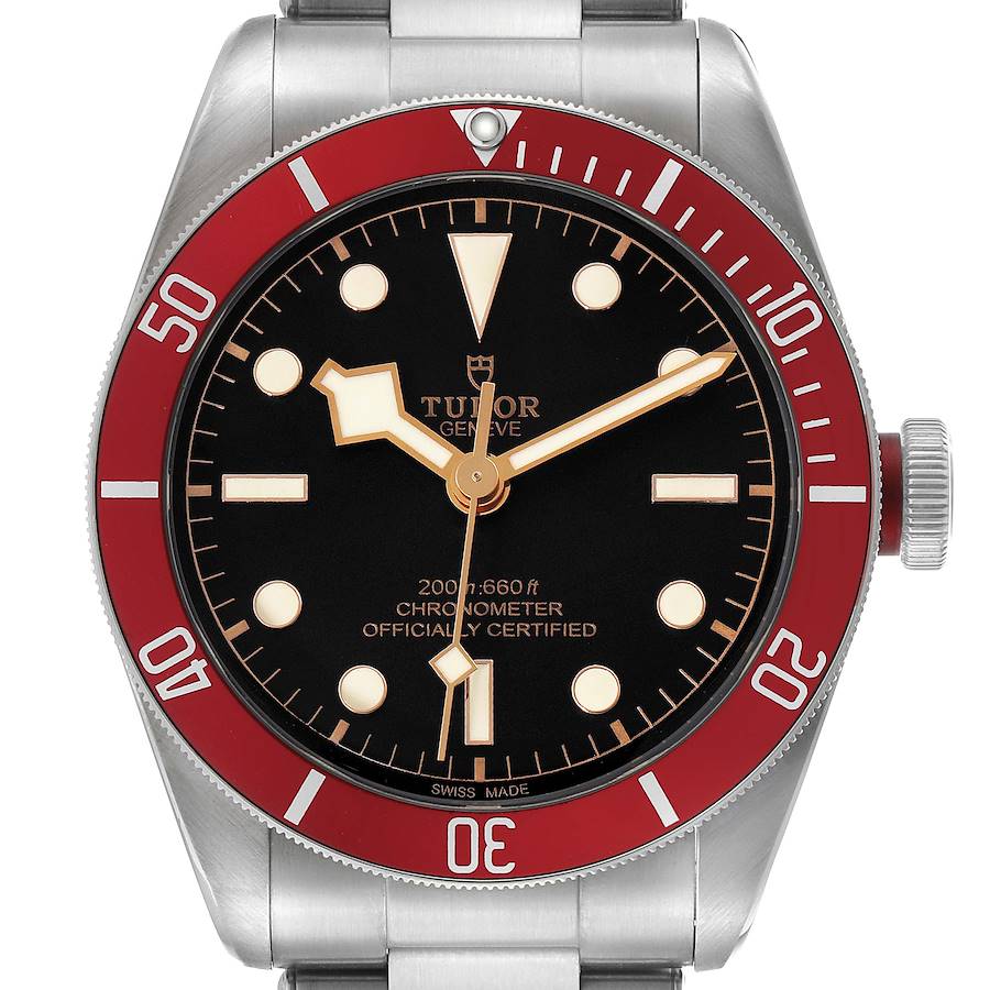 The Tudor Heritage Black Bay 79230R-0003 Men's Stainless Steel Black Dial watch is shown from the front, highlighting the dial, bezel, and crown.