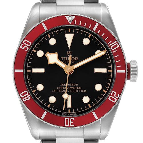 The Tudor Heritage Black Bay 79230R-0003 Men's Stainless Steel Black Dial watch is shown from the front, highlighting its bezel, dial, and crown.