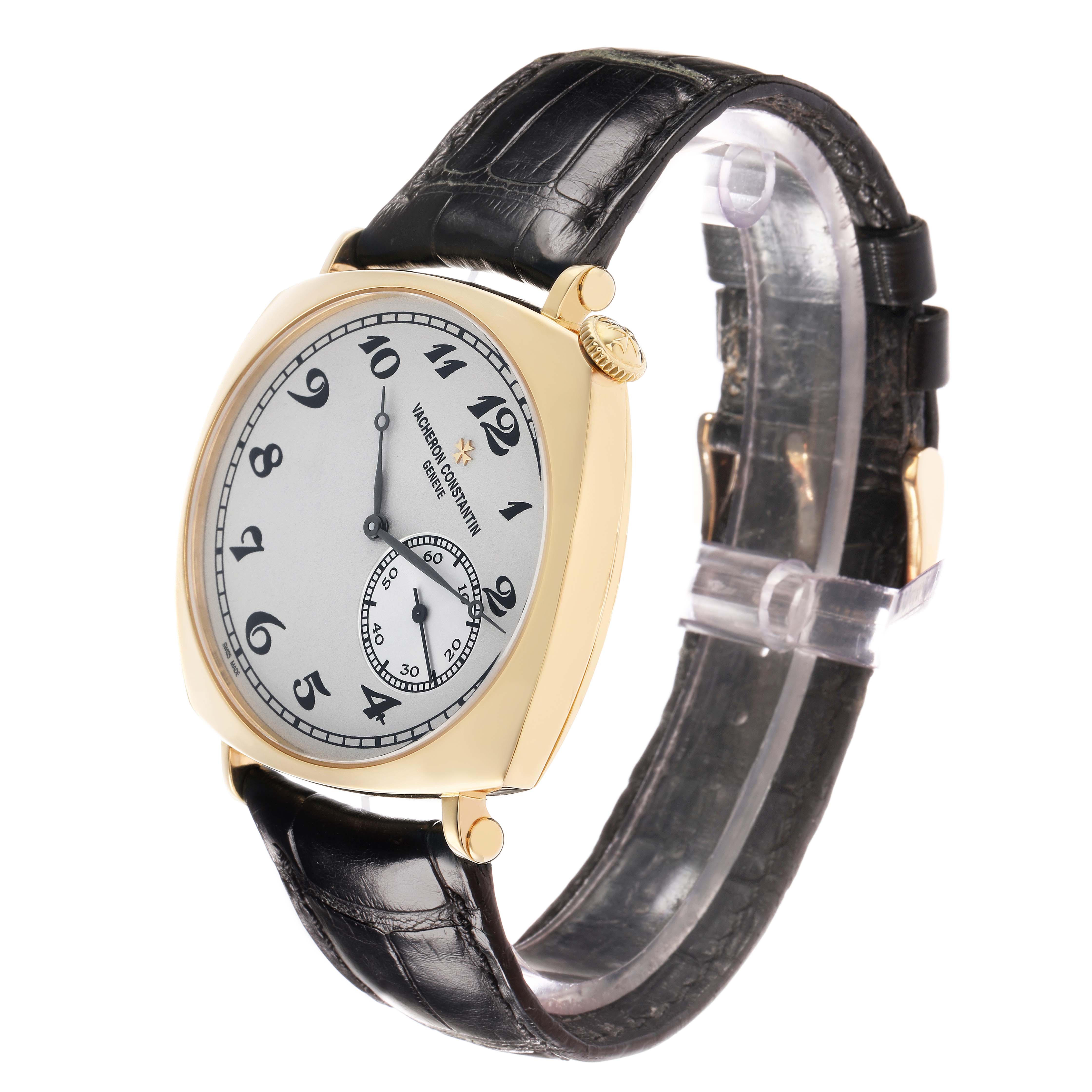 The Vacheron Constantin Historiques 82035/000J-9964 Men's Yellow Gold Silver Dial watch is shown at a slight side angle, displaying the face, crown, and leather strap.