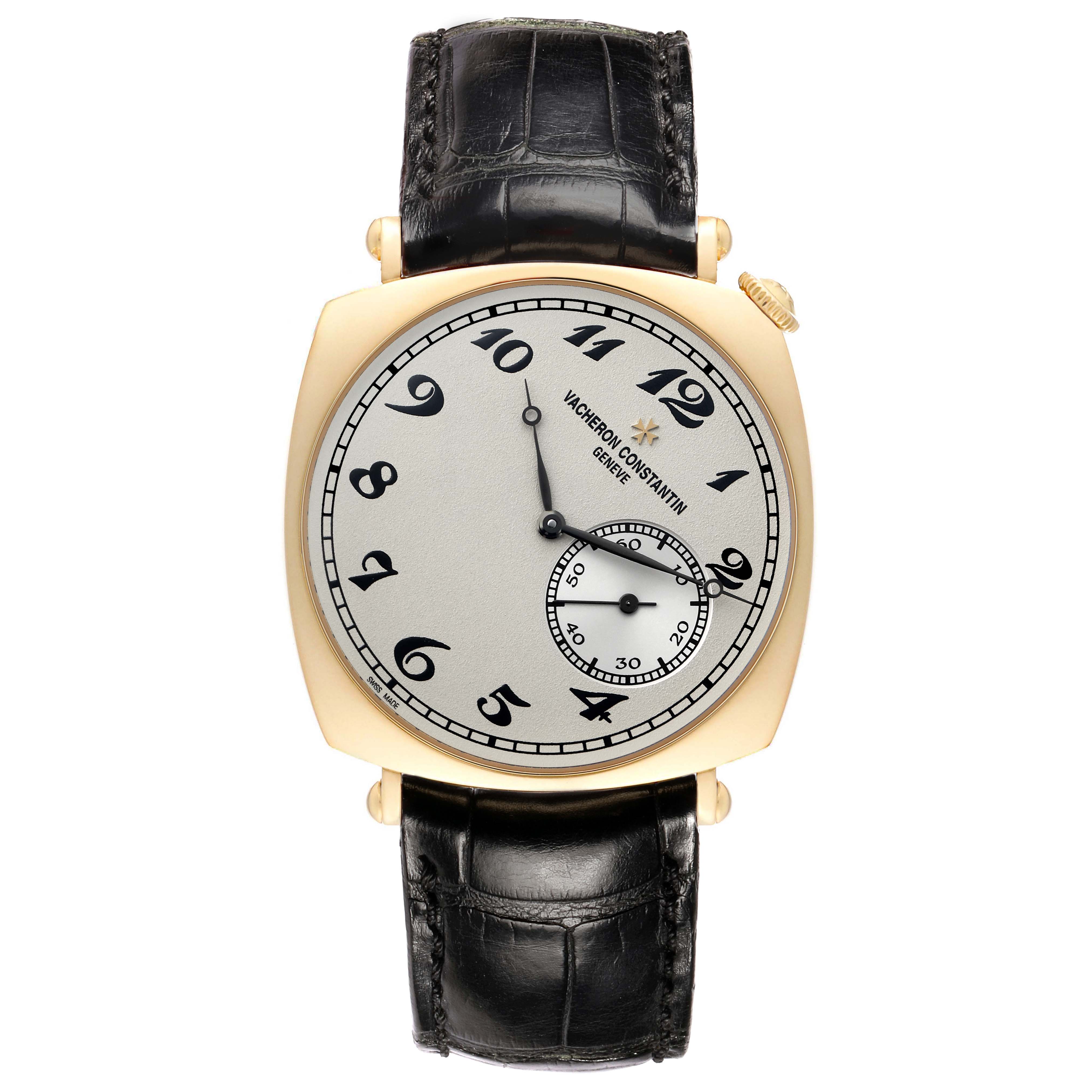 The Vacheron Constantin Historiques 82035/000J-9964 Men's Yellow Gold Silver Dial watch is shown from a top view, highlighting its dial, hands, case, and strap.