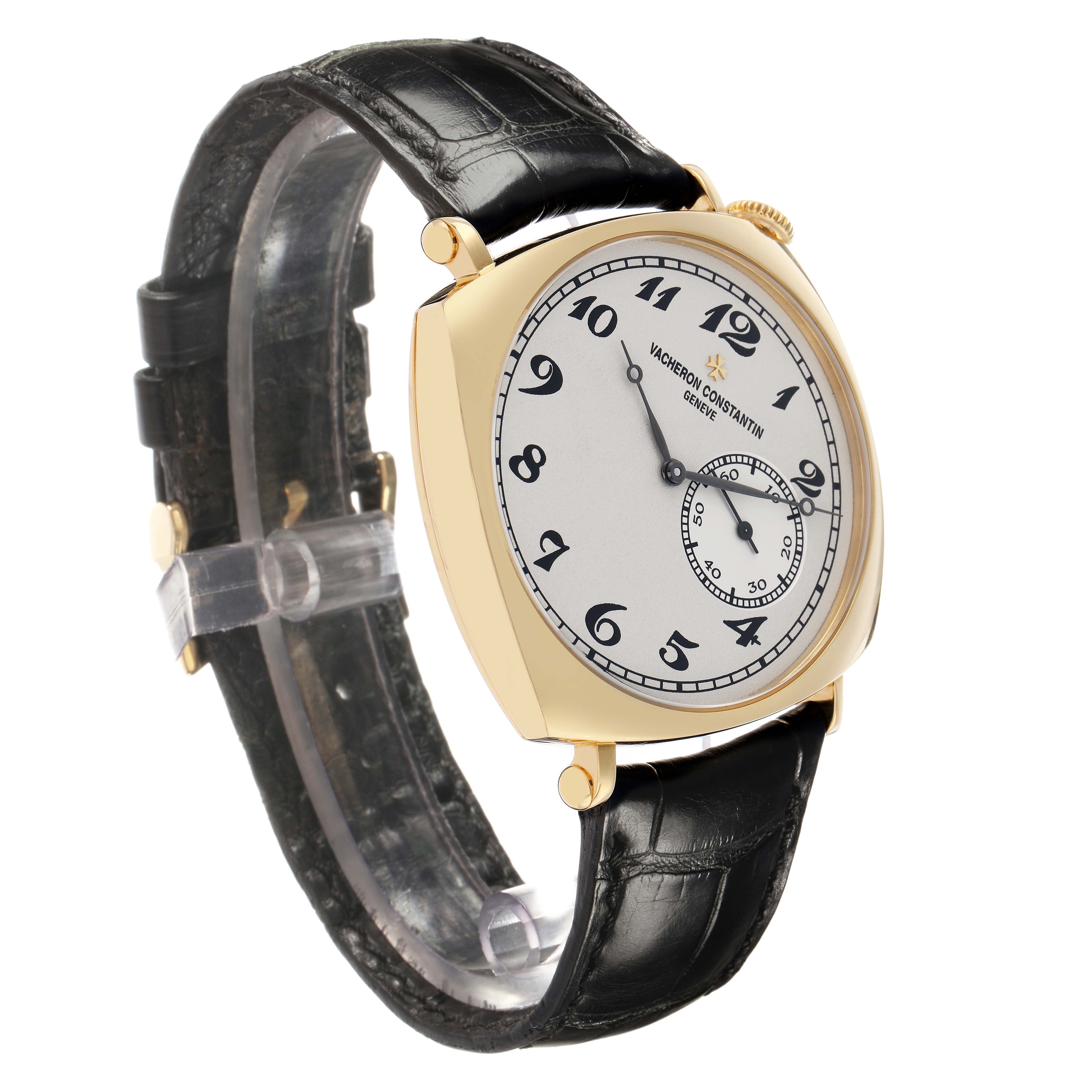 The Vacheron Constantin Historiques 82035/000J-9964 Men's Yellow Gold Silver Dial watch is shown at a three-quarter angle, displaying its dial, case, strap, and crown.