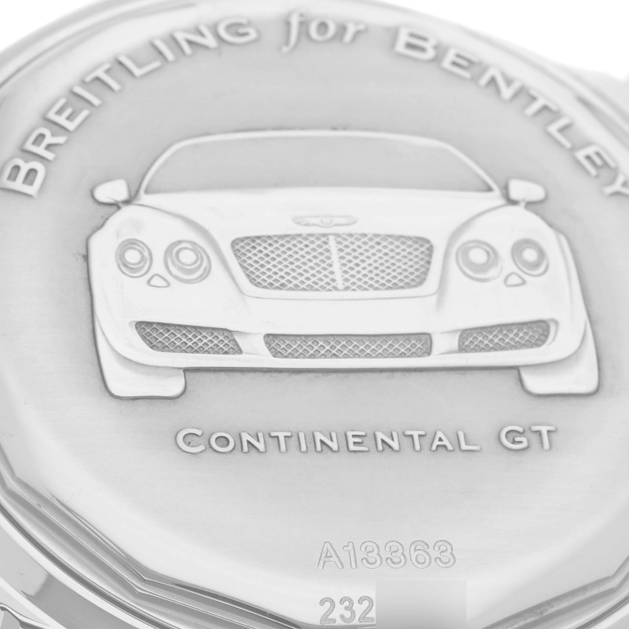 The image shows the engraved case back of a Breitling for Bentley watch model, featuring a Continental GT design.