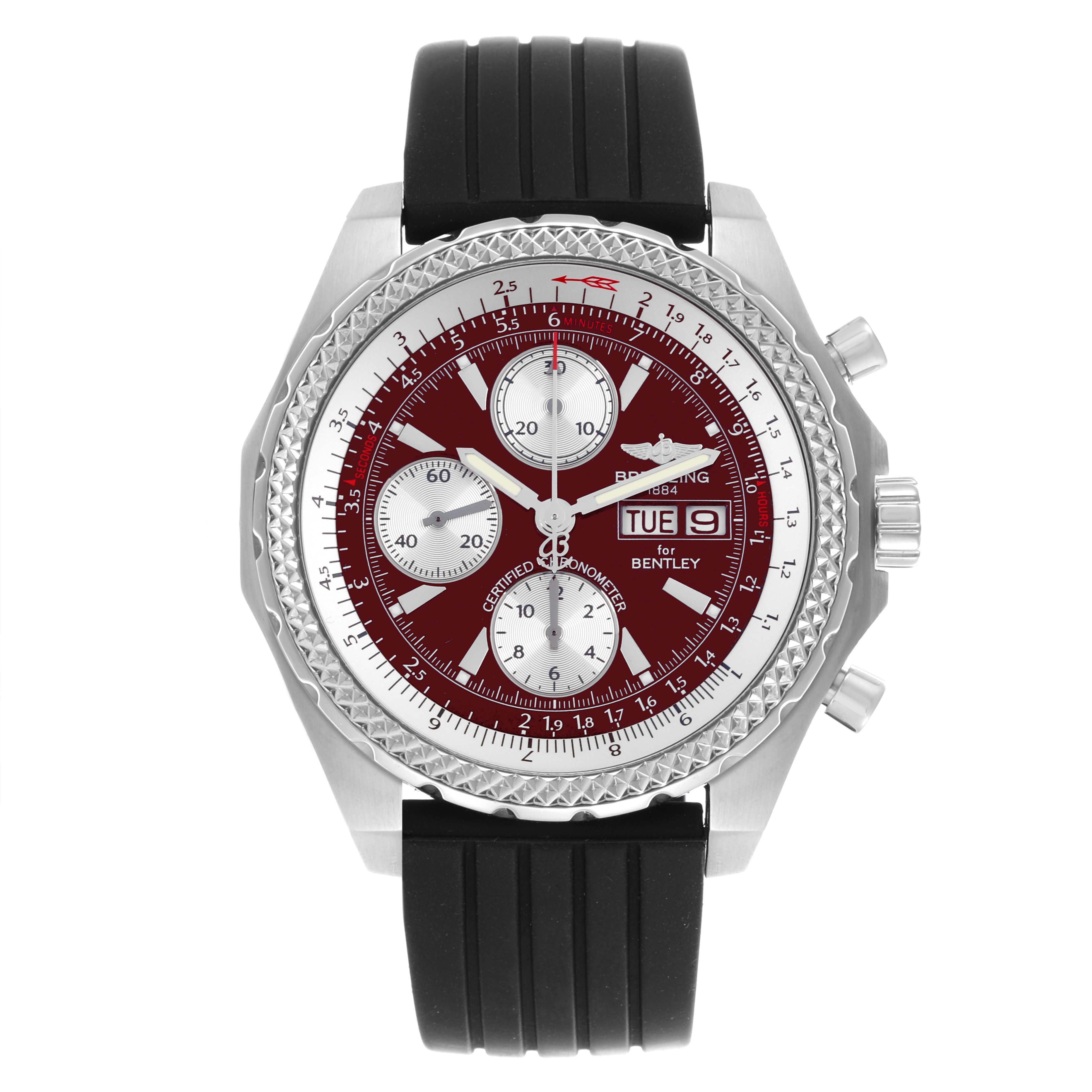 The watch is a Bentley model by Breitling, shown from the front displaying the bezel, subdials, and strap.