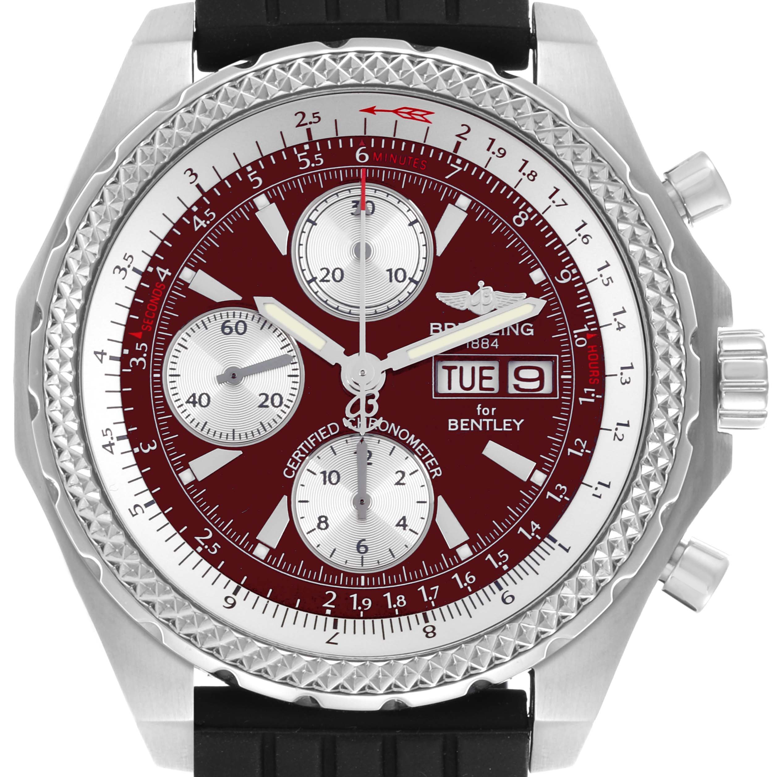 The Breitling Bentley A13363 Men
s Stainless Steel Red Dial A13363 Men
s Stainless Steel Red Dial watch is shown from the front, highlighting its bezel, dial, subdials, and crown.