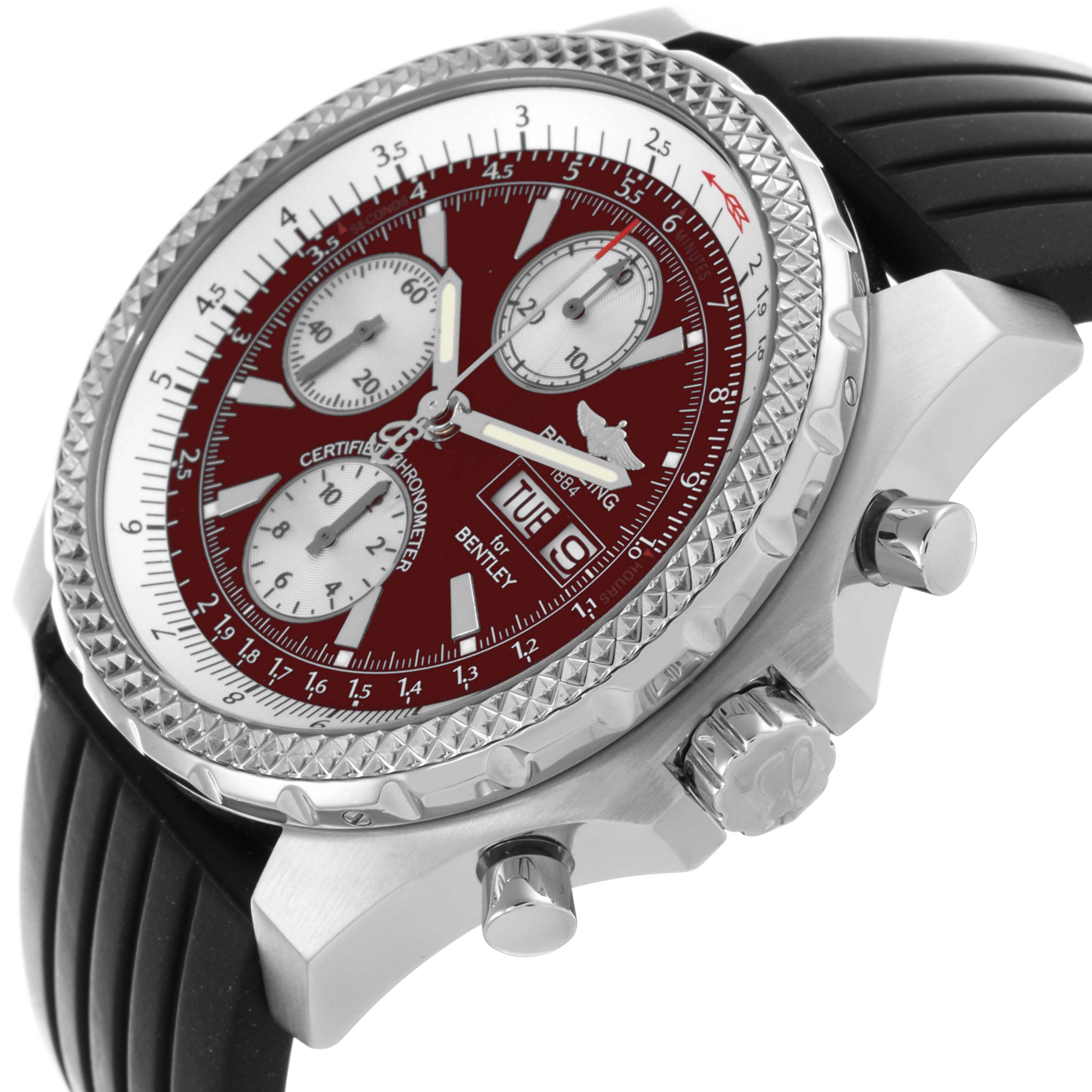 The Breitling Bentley A13363 Men
s Stainless Steel Red Dial A13363 Men
s Stainless Steel Red Dial watch is shown at an angle highlighting the dial, bezel, crown, and chronograph pushers.