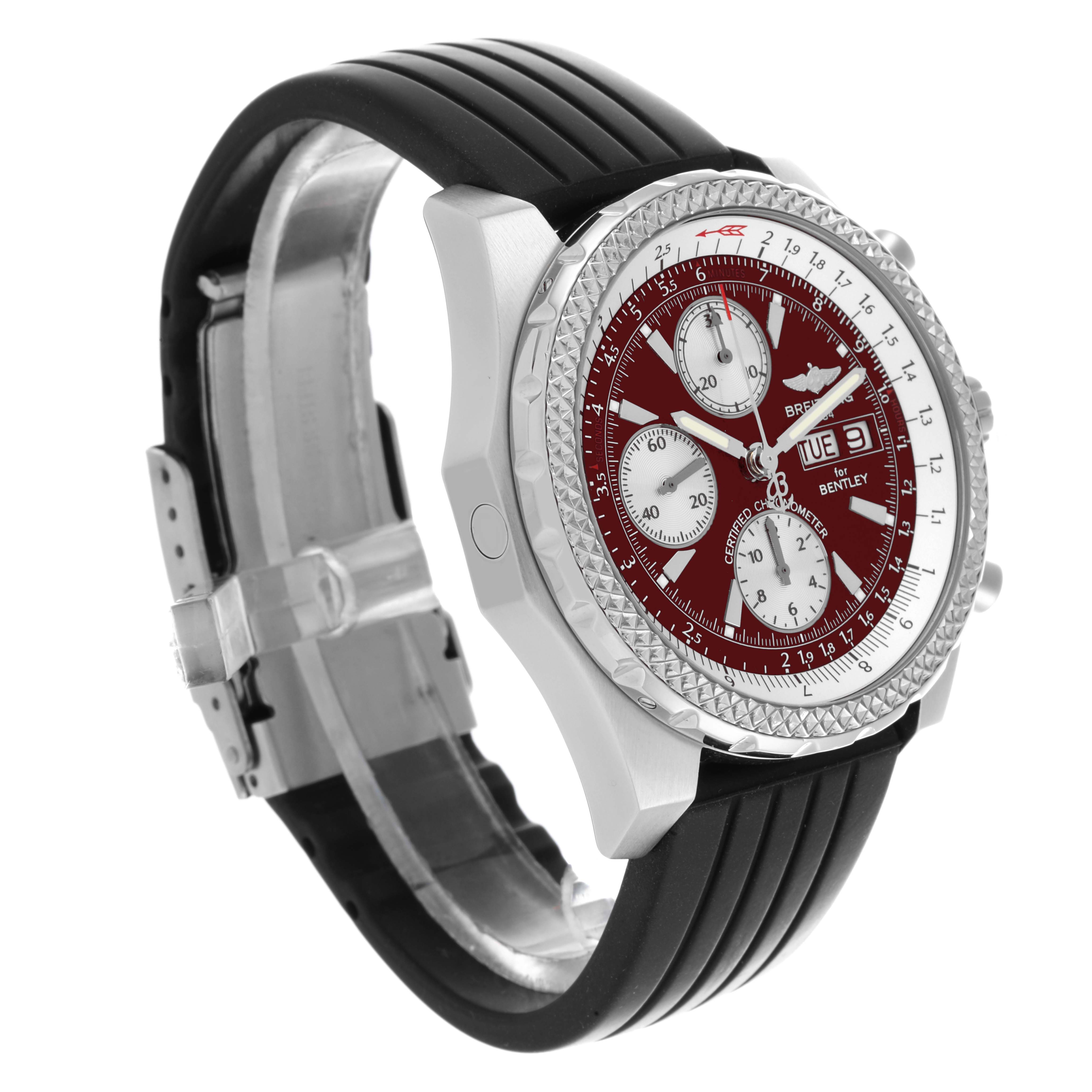 The Breitling Bentley A13363 Men
s Stainless Steel Red Dial A13363 Men
s Stainless Steel Red Dial watch is shown at an angled side view, highlighting the bezel, dial, subdials, and strap.
