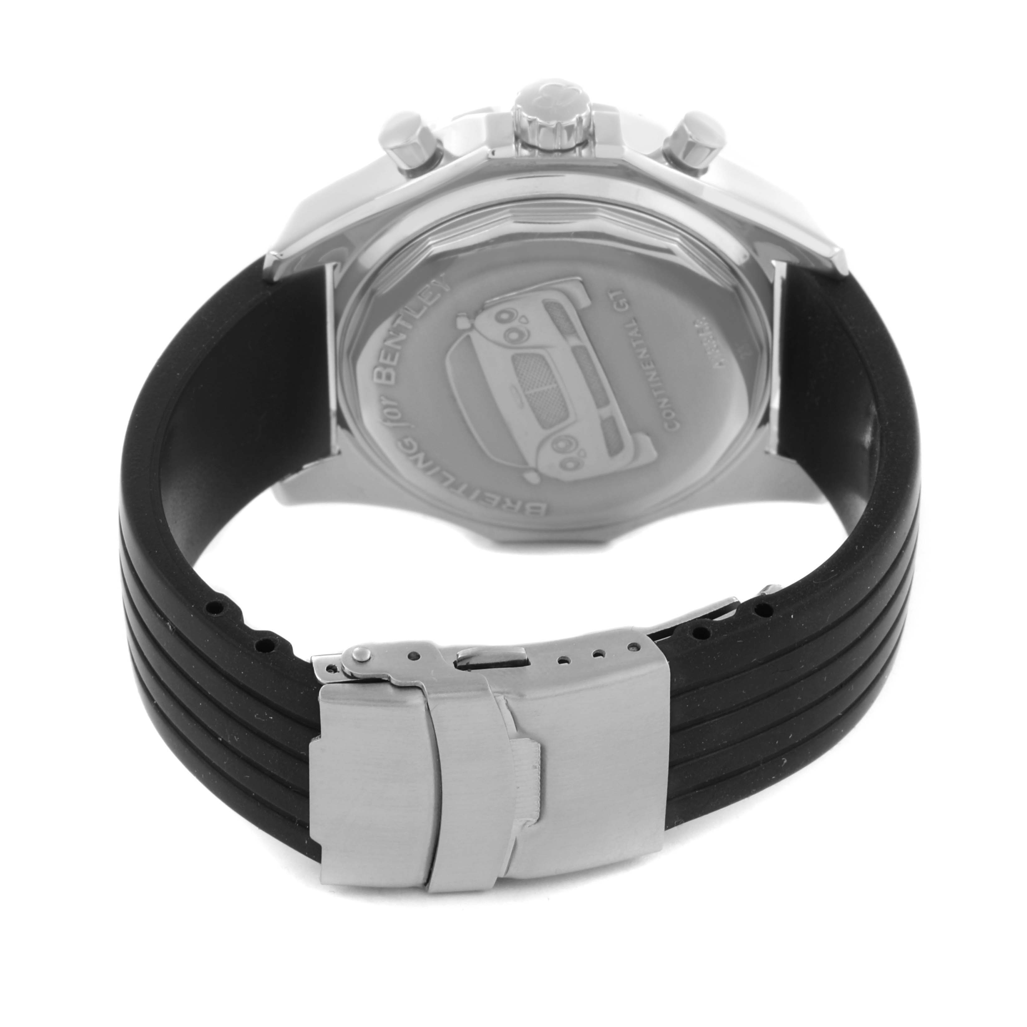 The image shows the back case and clasp of a Bentley model by Breitling, highlighting its black strap and engraved case back.